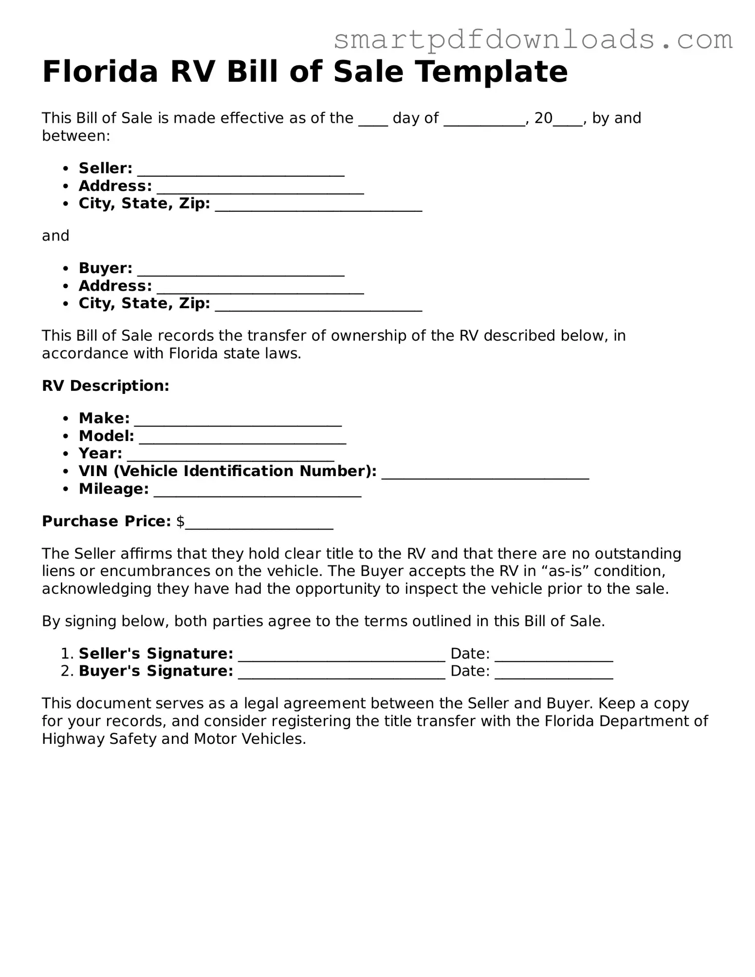 Legal RV Bill of Sale Form for the State of Florida