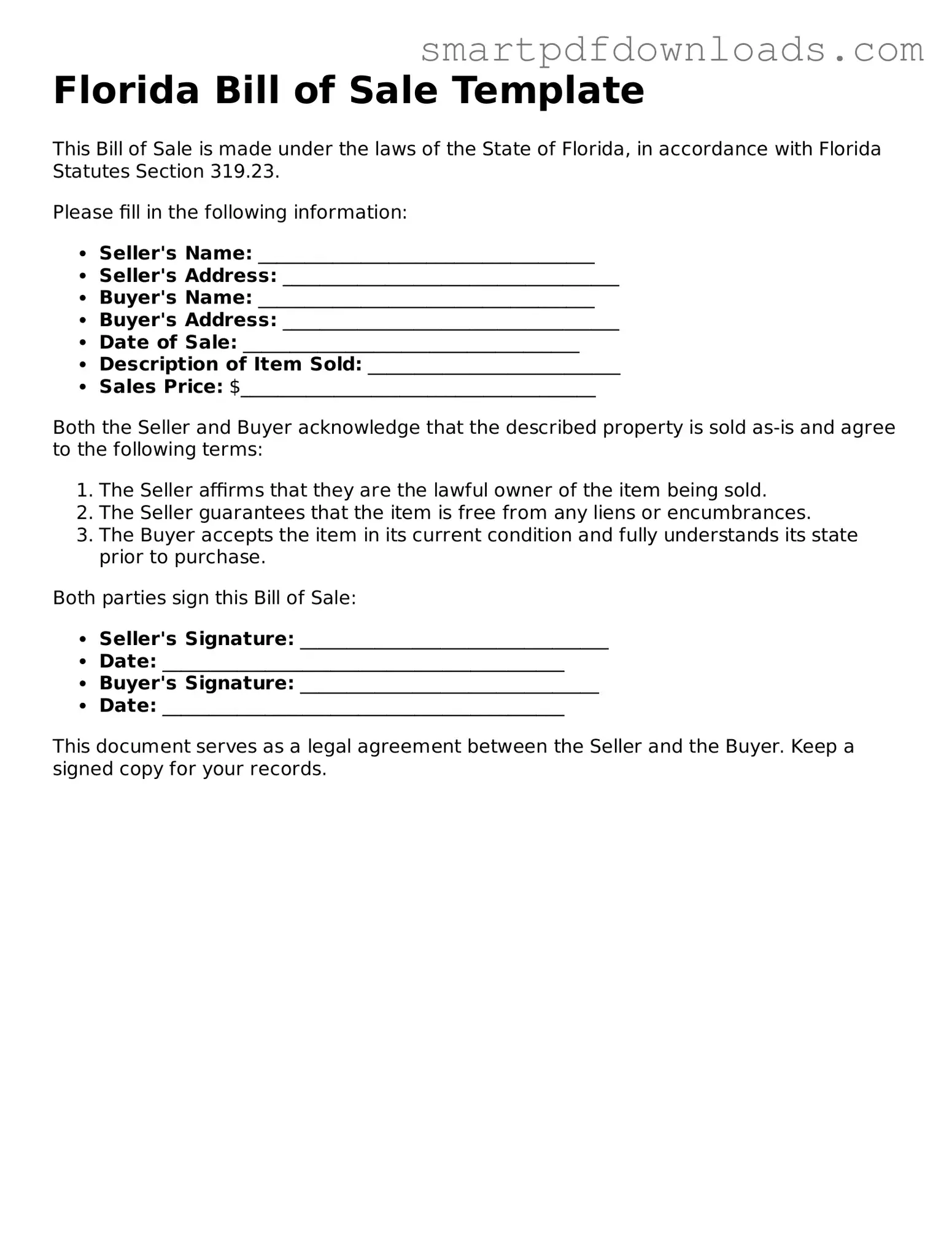 Legal Bill of Sale Form for the State of Florida