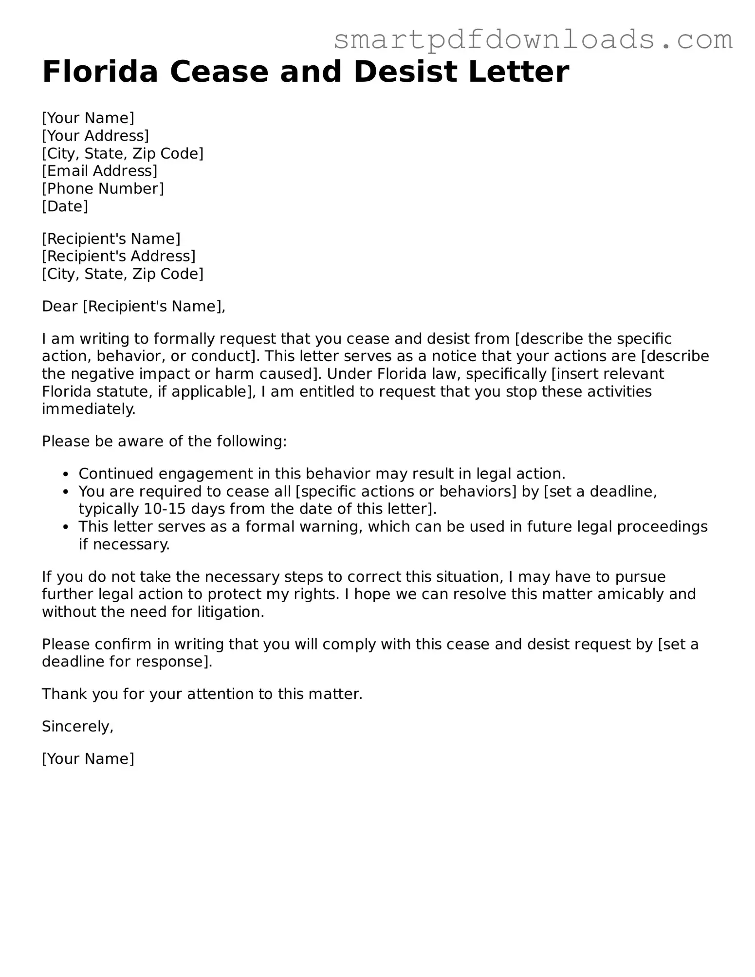 Legal Cease and Desist Letter Form for the State of Florida