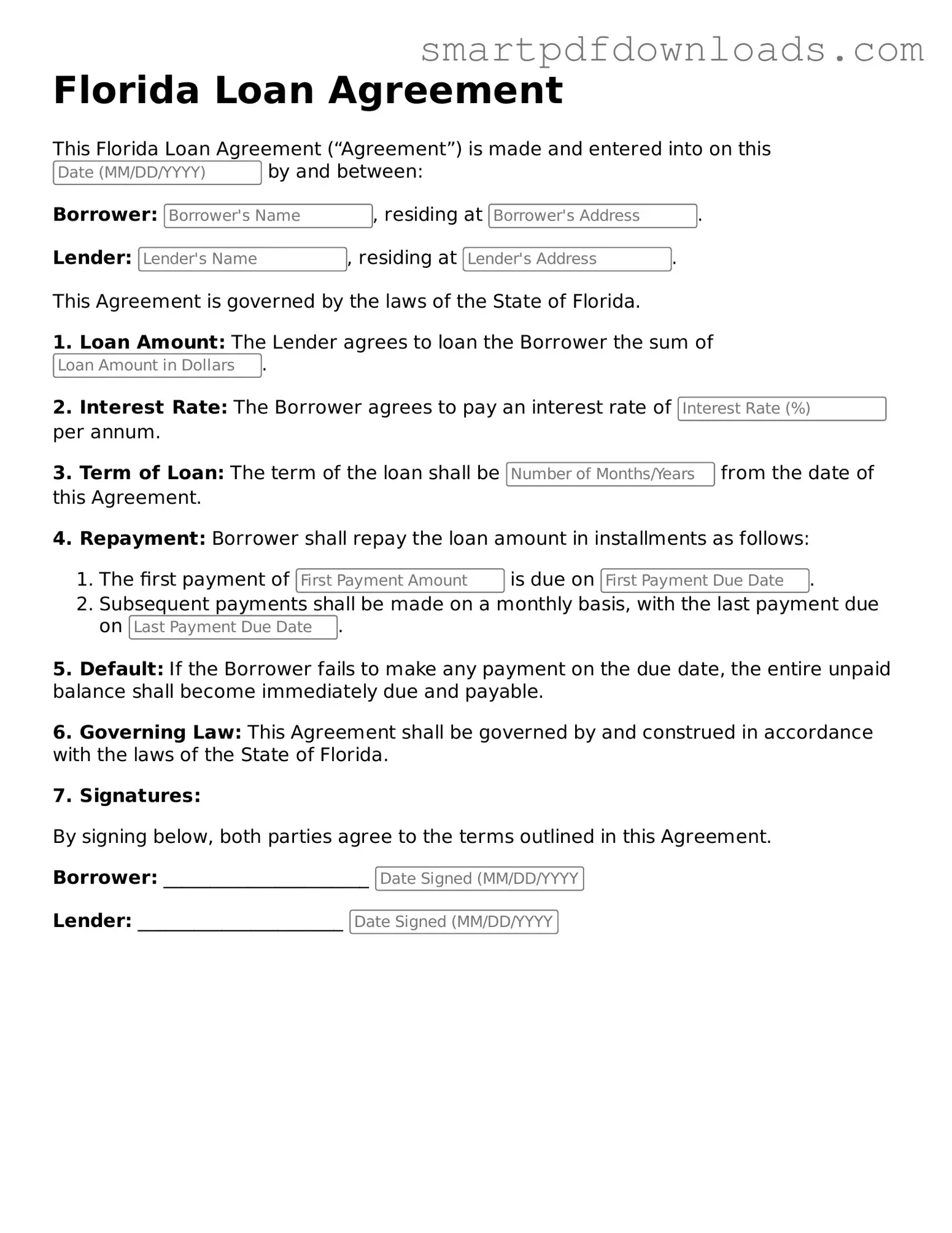 Legal Loan Agreement Form for the State of Florida