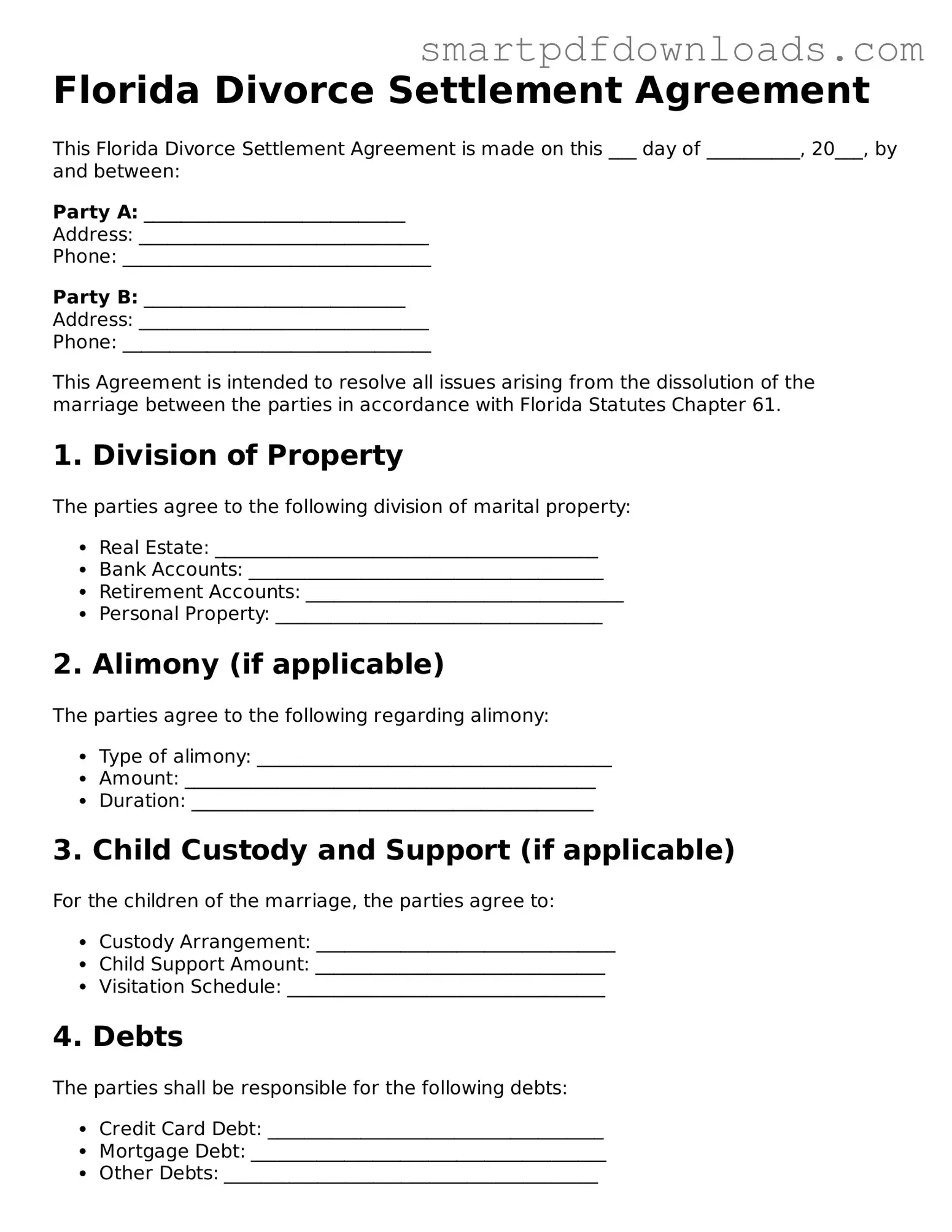 Legal Divorce Settlement Agreement Form for the State of Florida