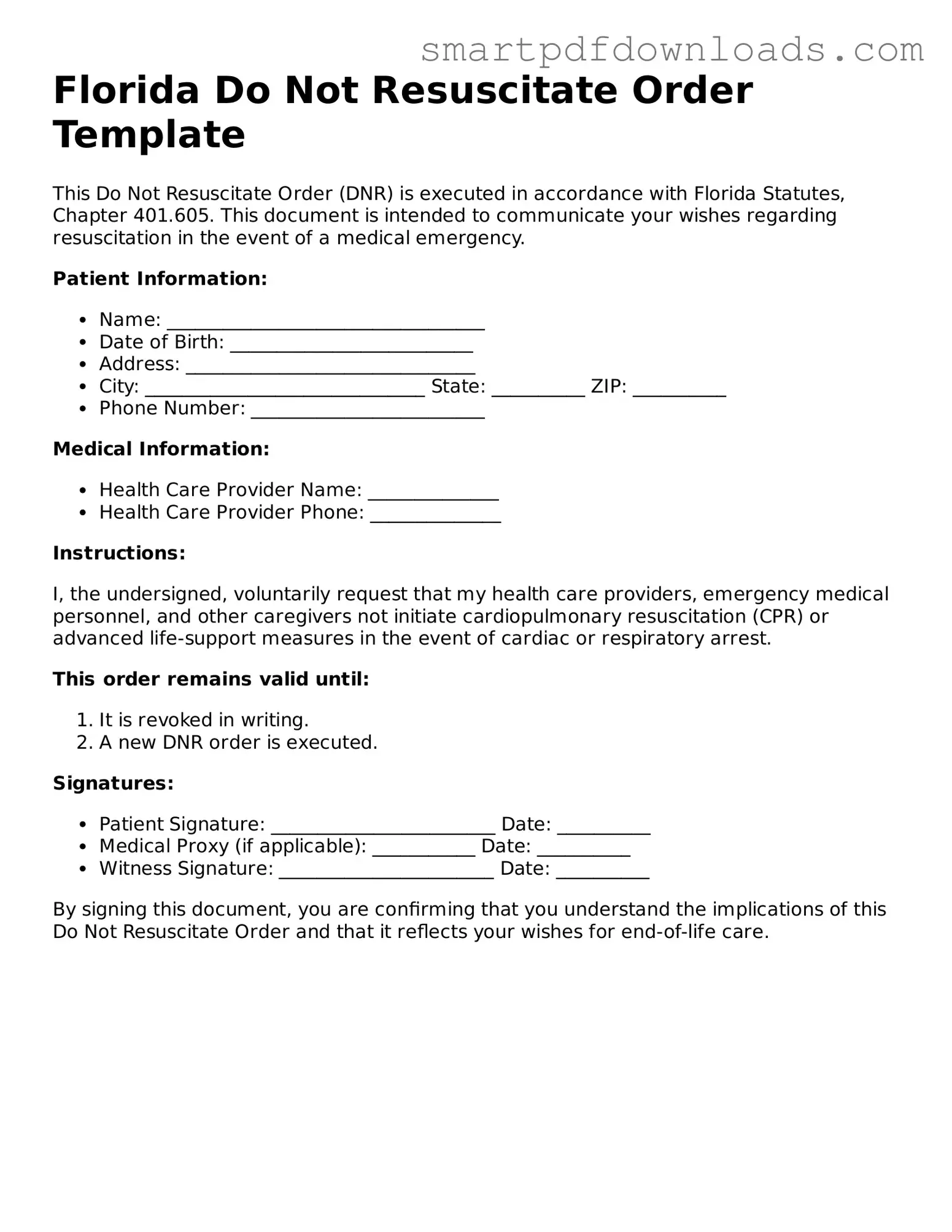 Legal Do Not Resuscitate Order Form for the State of Florida