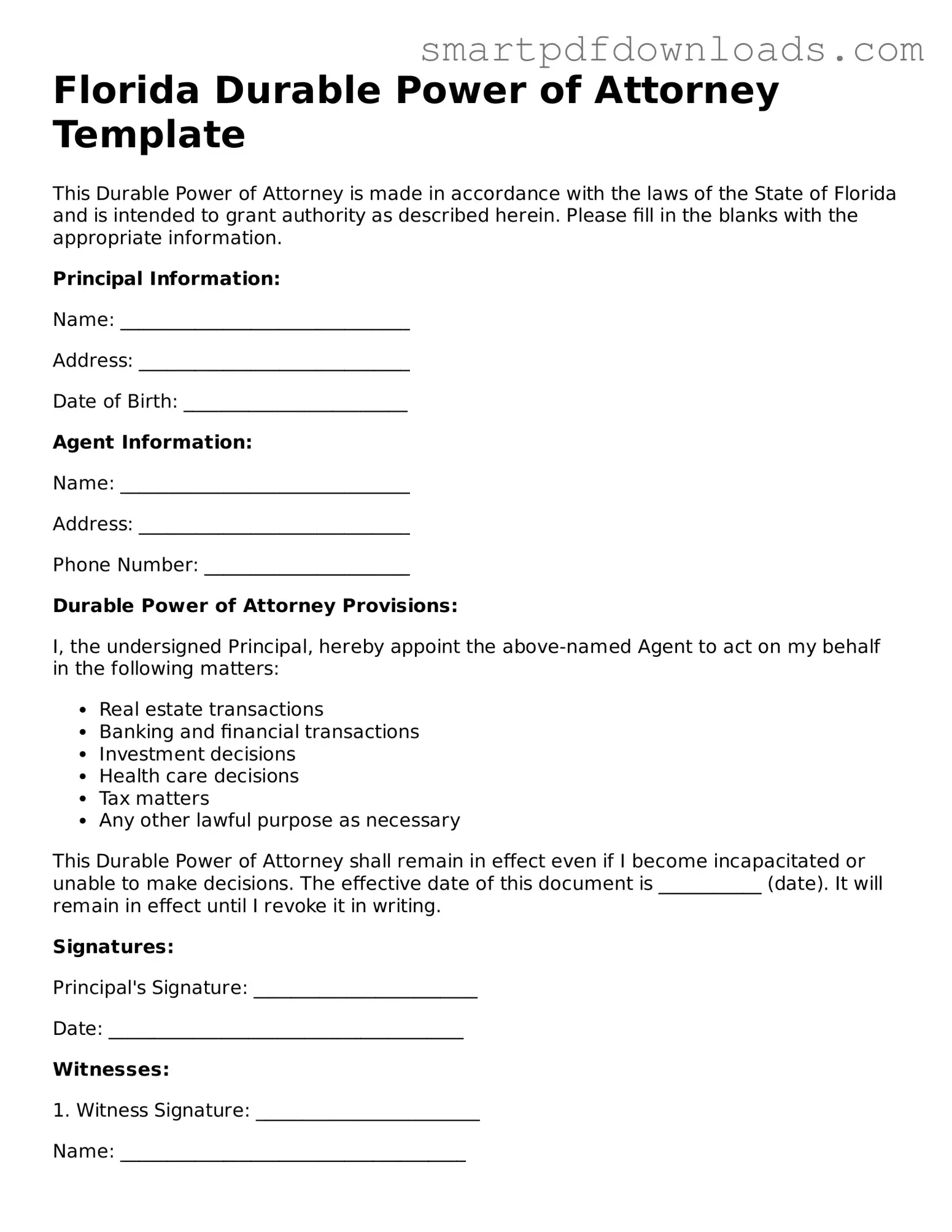 Legal Durable Power of Attorney Form for the State of Florida