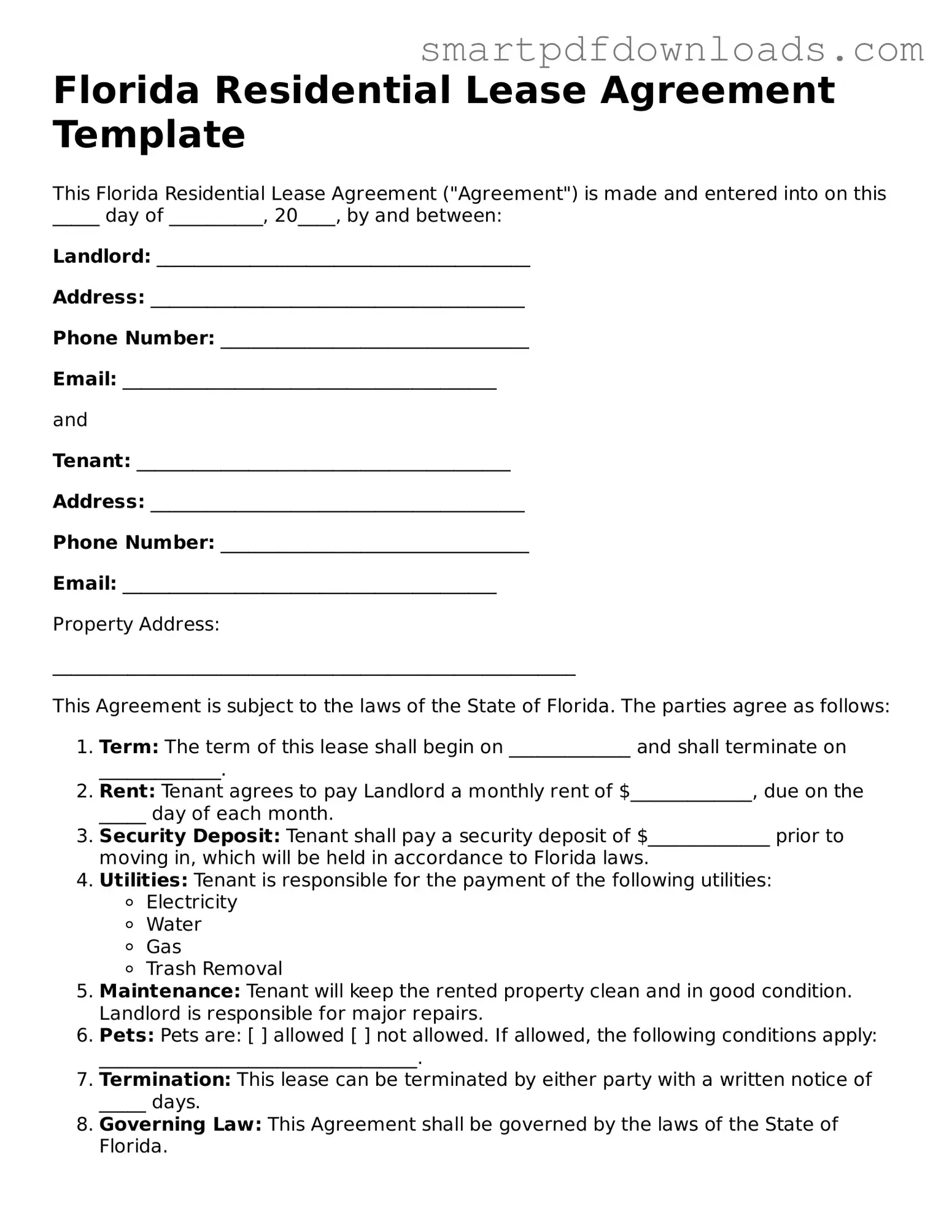 Legal Residential Lease Agreement Form for the State of Florida