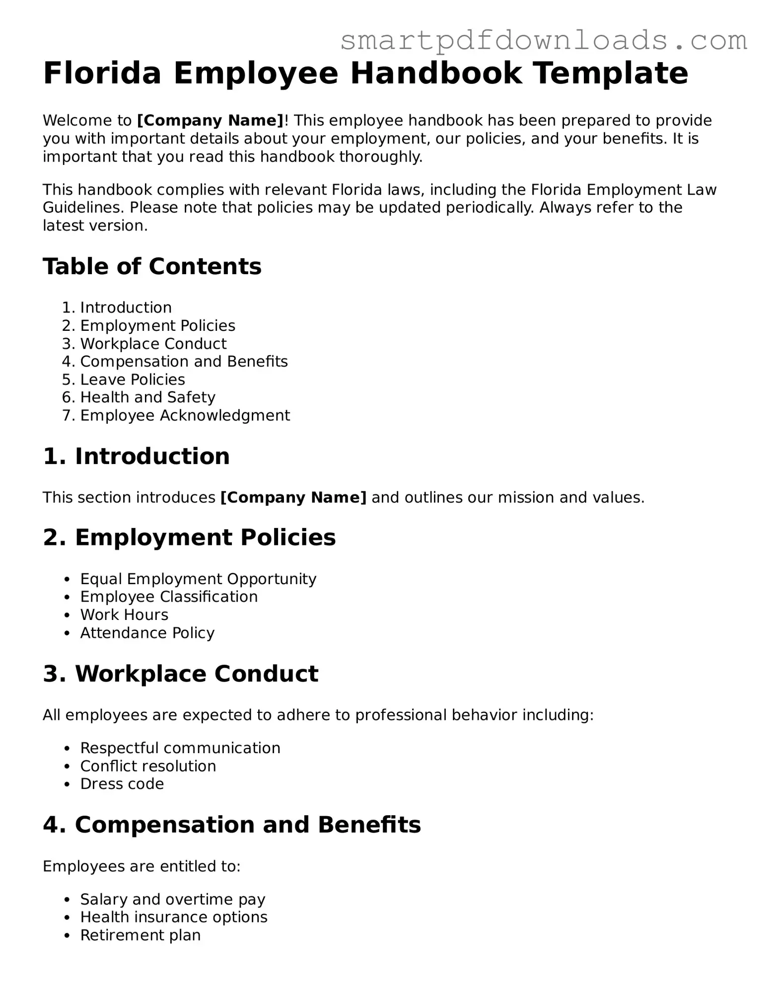 Legal Employee Handbook Form for the State of Florida