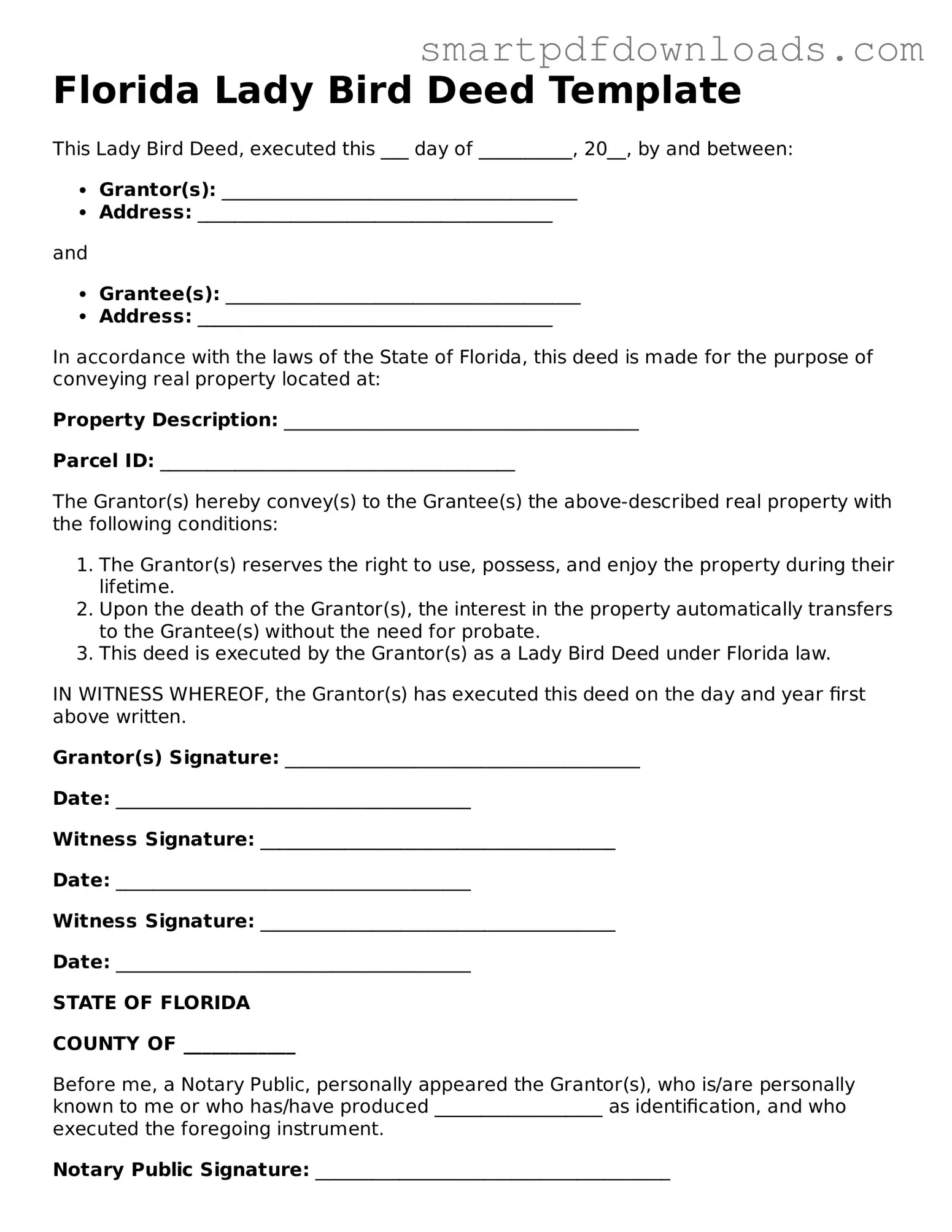 Legal Lady Bird Deed Form for the State of Florida