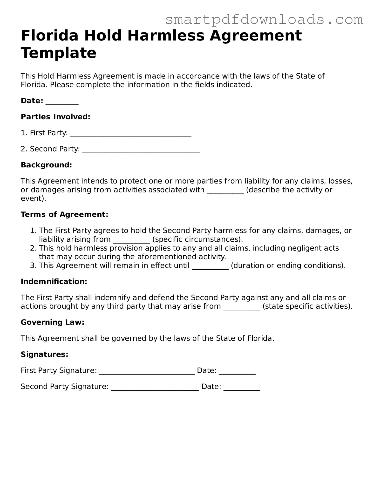 Legal Hold Harmless Agreement Form for the State of Florida
