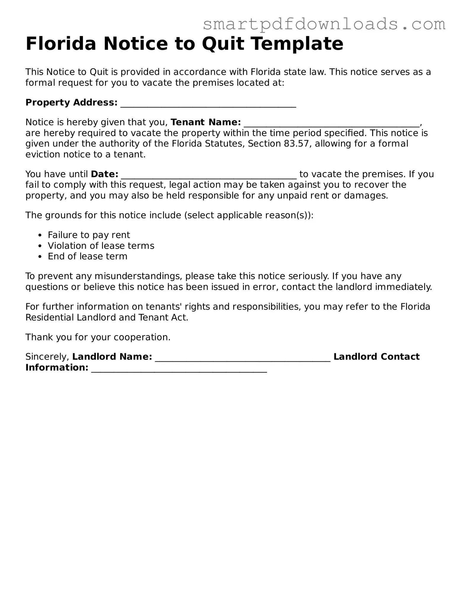 Legal Notice to Quit Form for the State of Florida