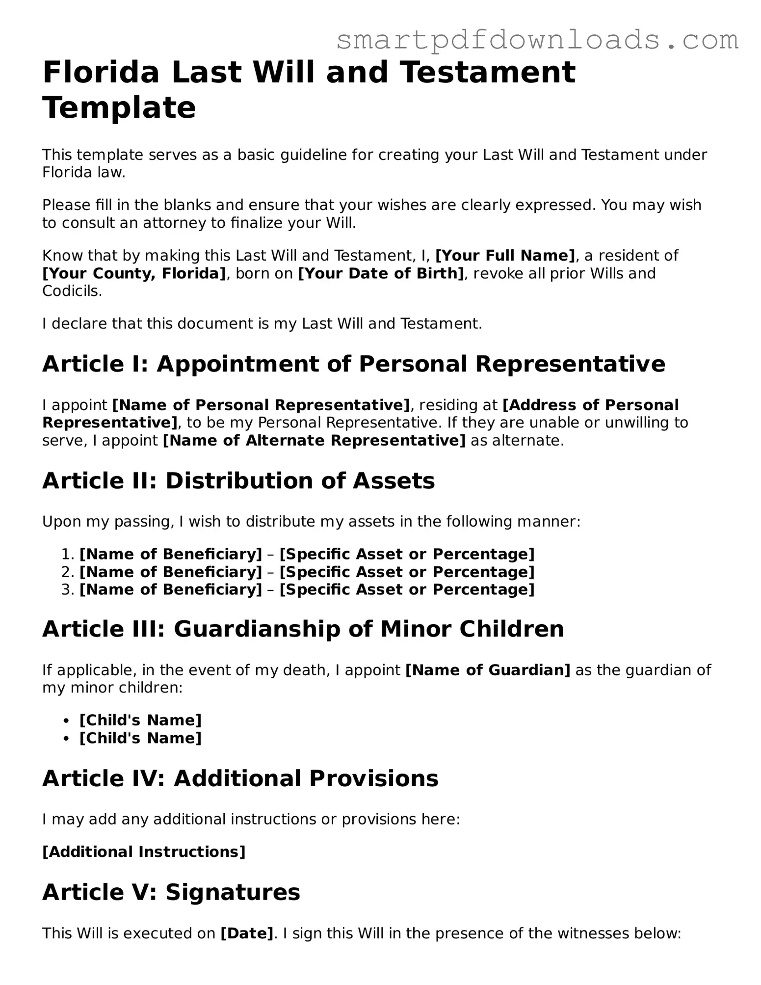 Legal Last Will and Testament Form for the State of Florida