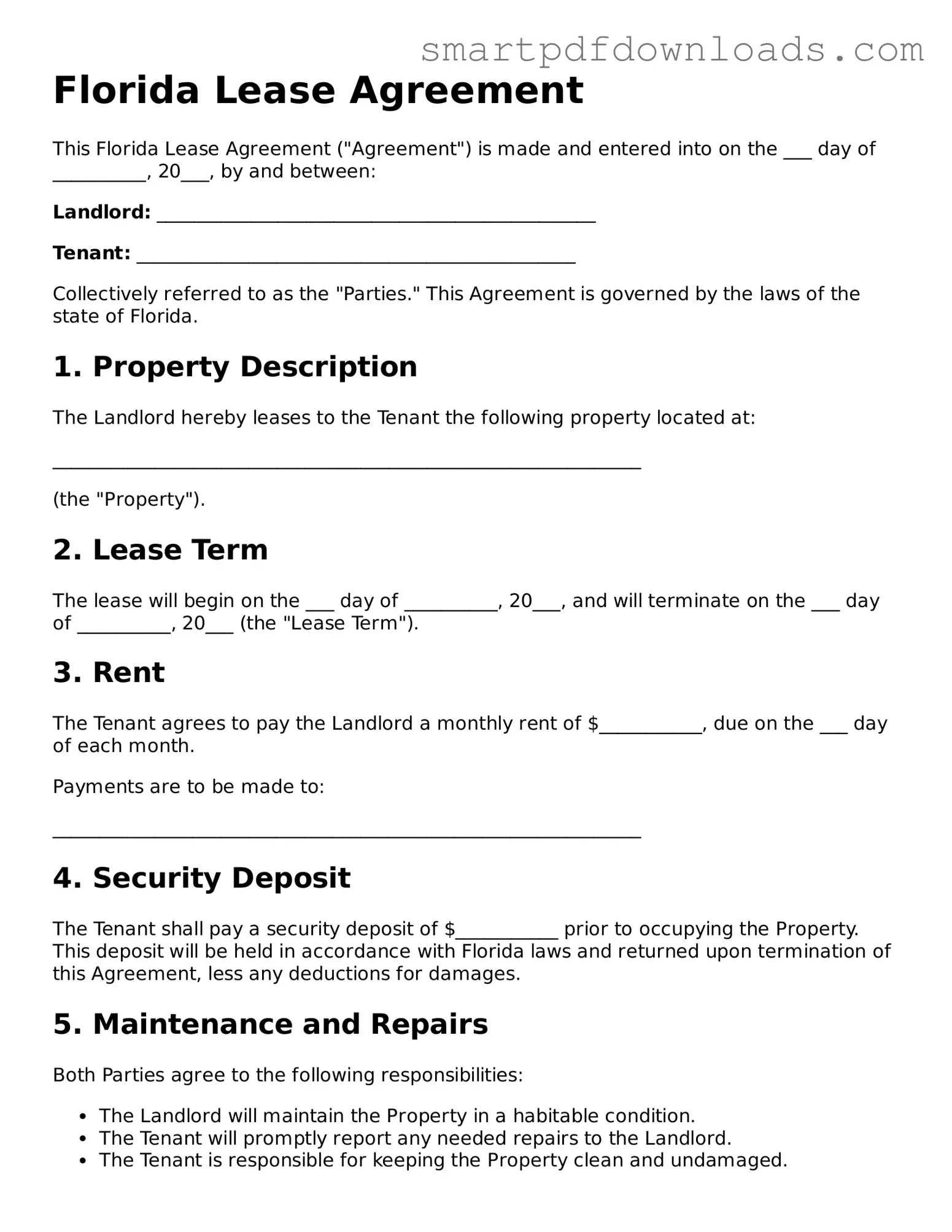 Legal Lease Agreement Form for the State of Florida