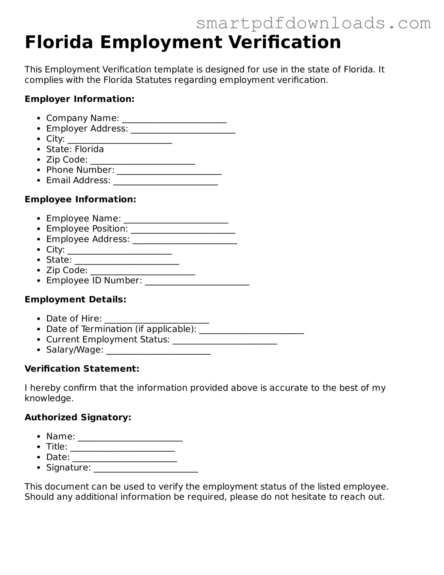 Legal Employment Verification Form for the State of Florida