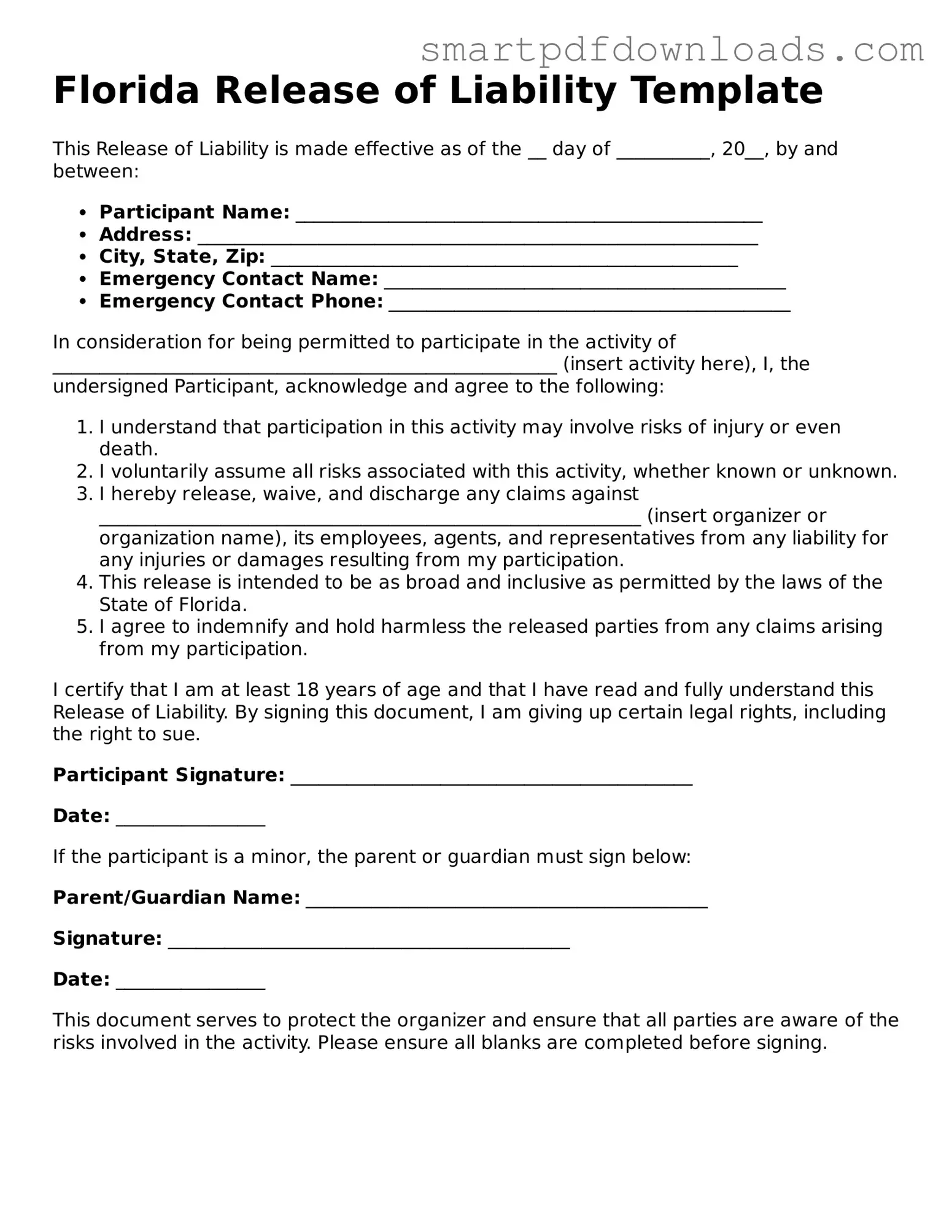 Legal Release of Liability Form for the State of Florida