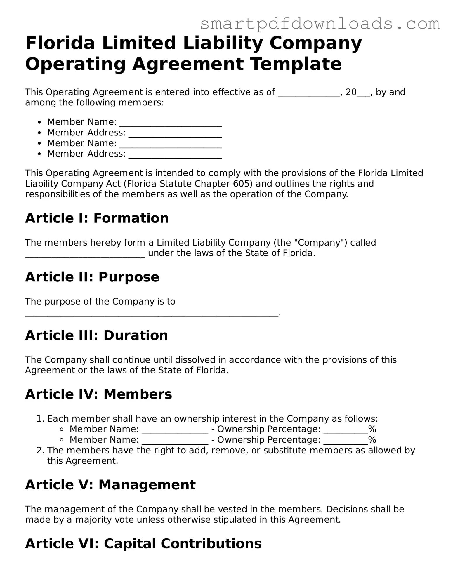 Legal Operating Agreement Form for the State of Florida