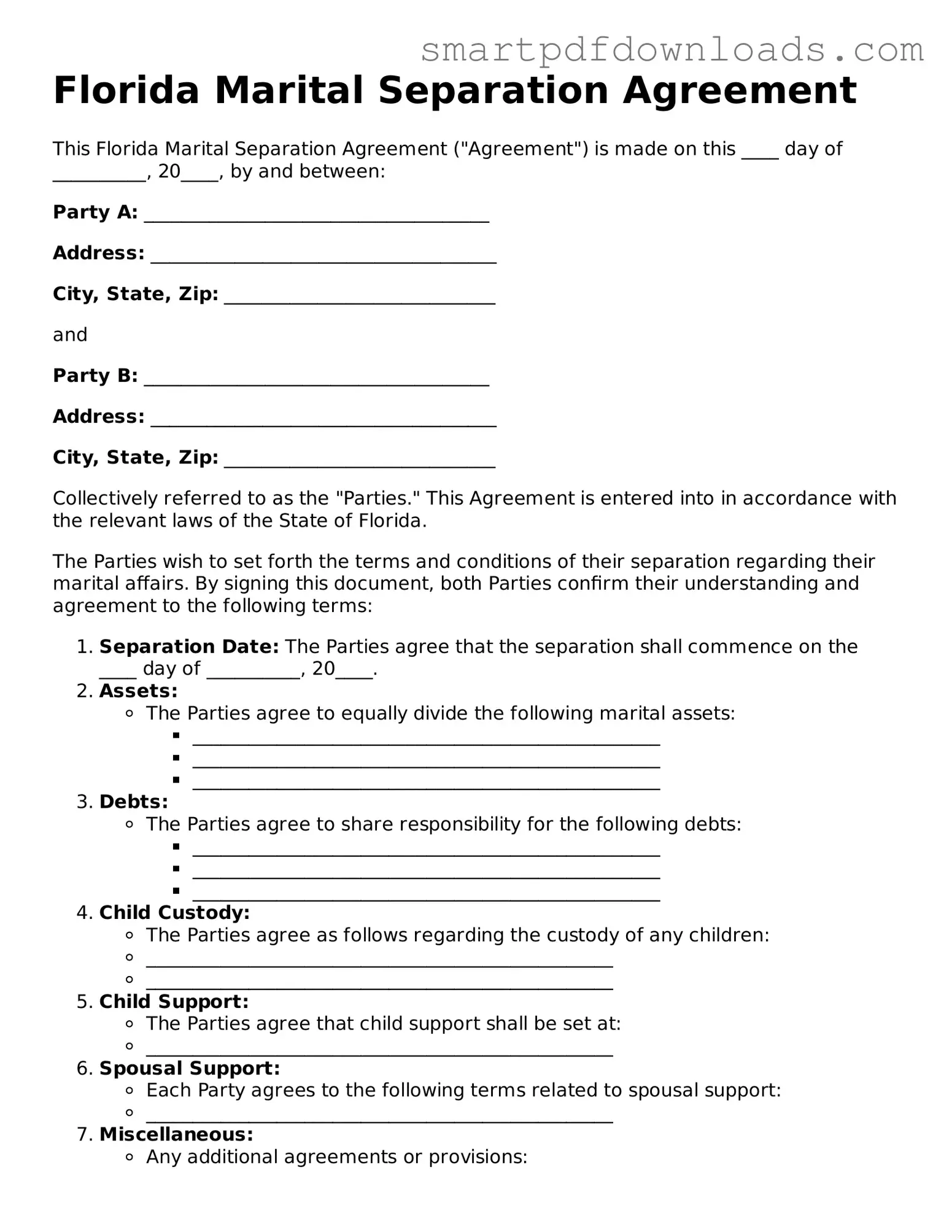 Legal Marital Separation Agreement Form for the State of Florida