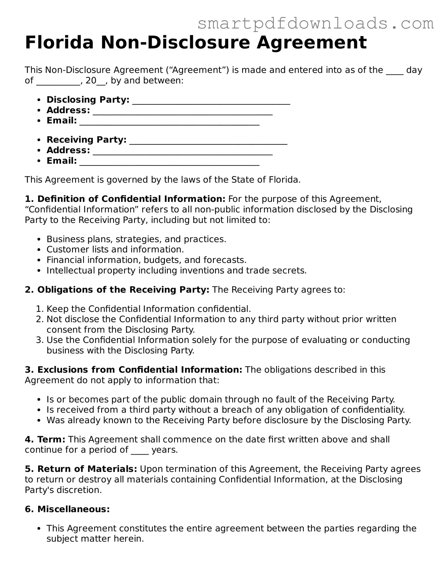 Legal Non-disclosure Agreement Form for the State of Florida
