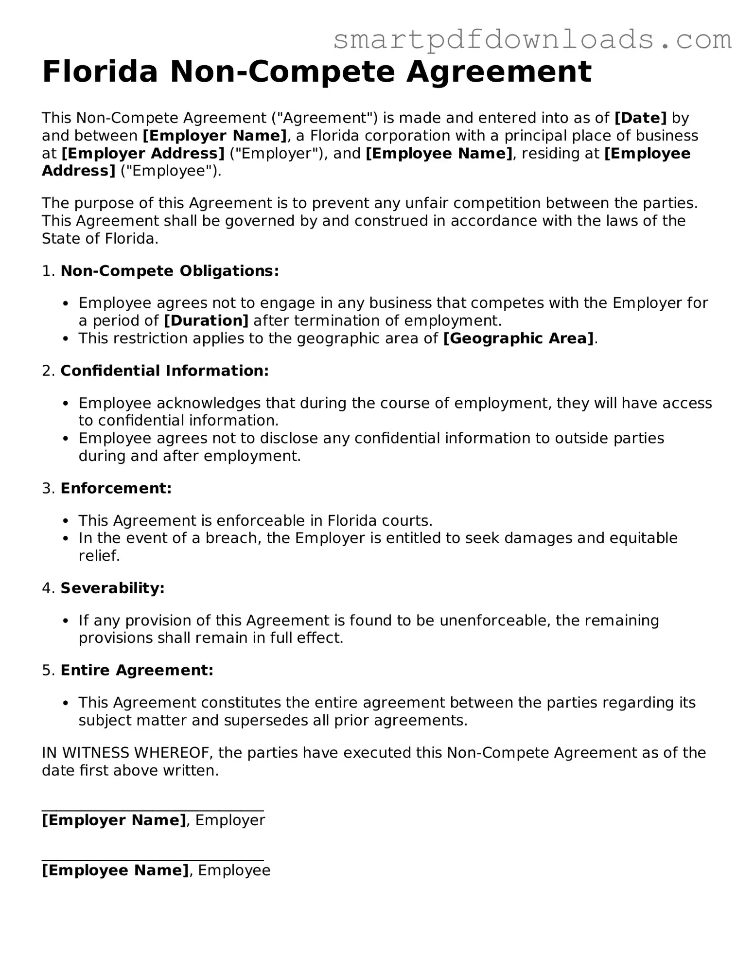 Legal Non-compete Agreement Form for the State of Florida