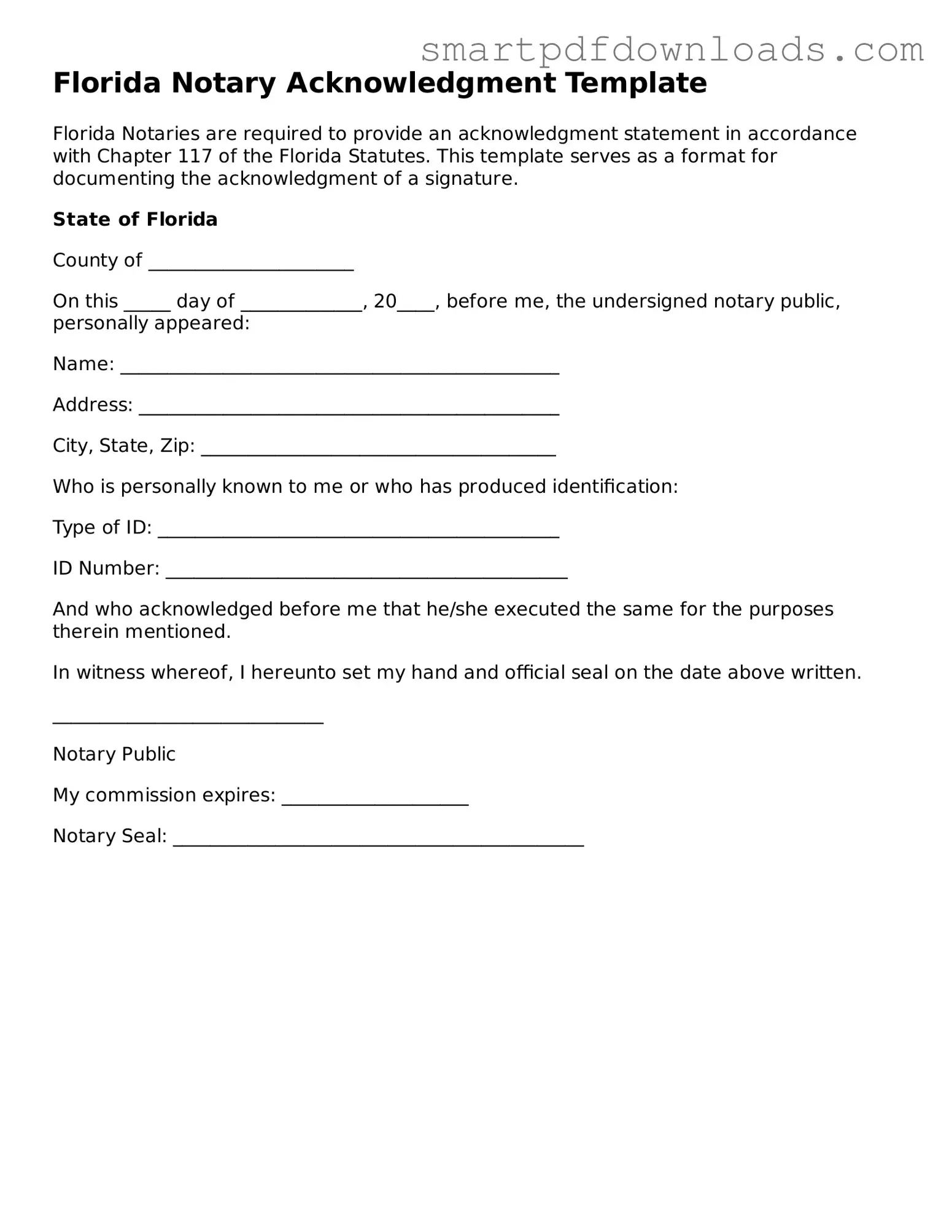 Legal Notary Acknowledgement Form for the State of Florida