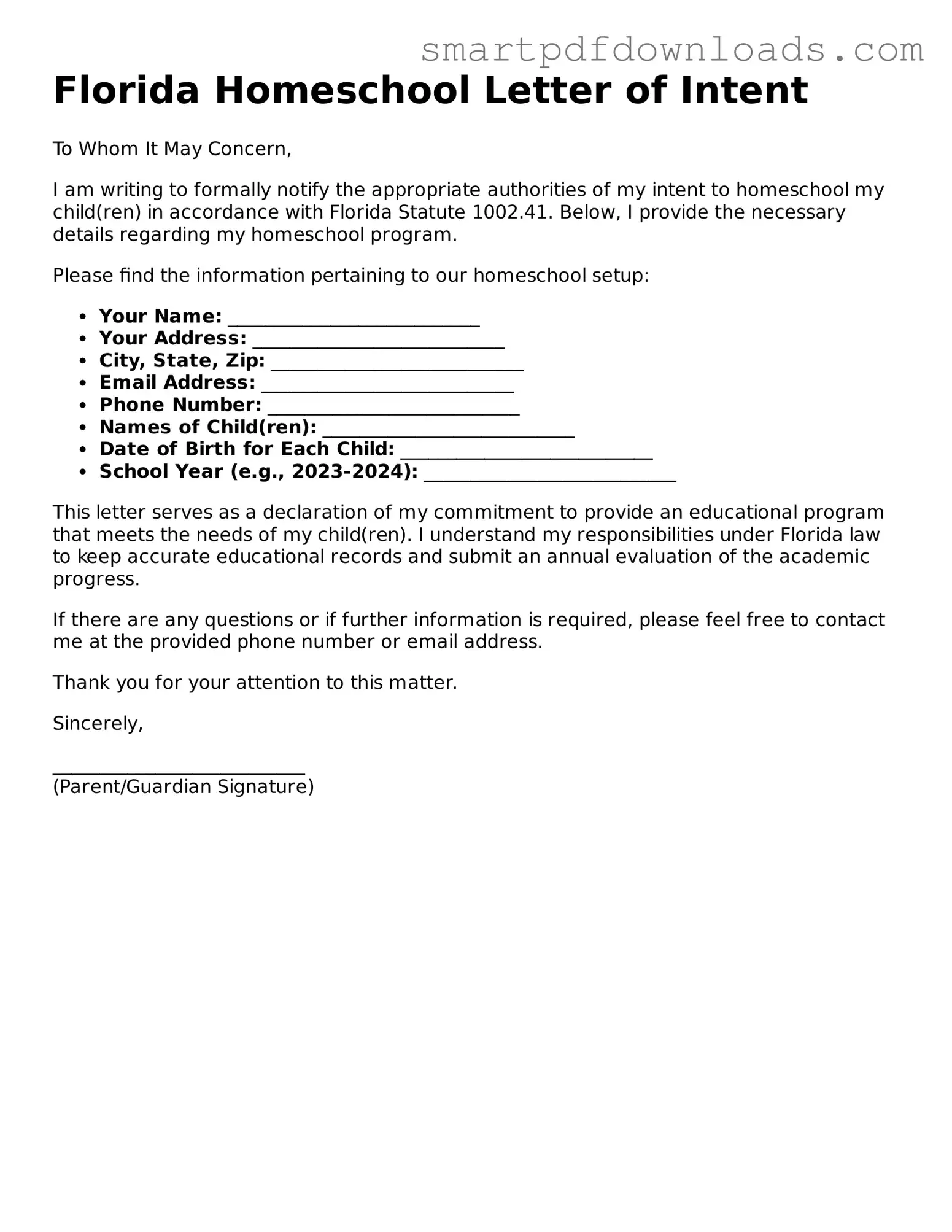 Legal Homeschool Letter of Intent Form for the State of Florida