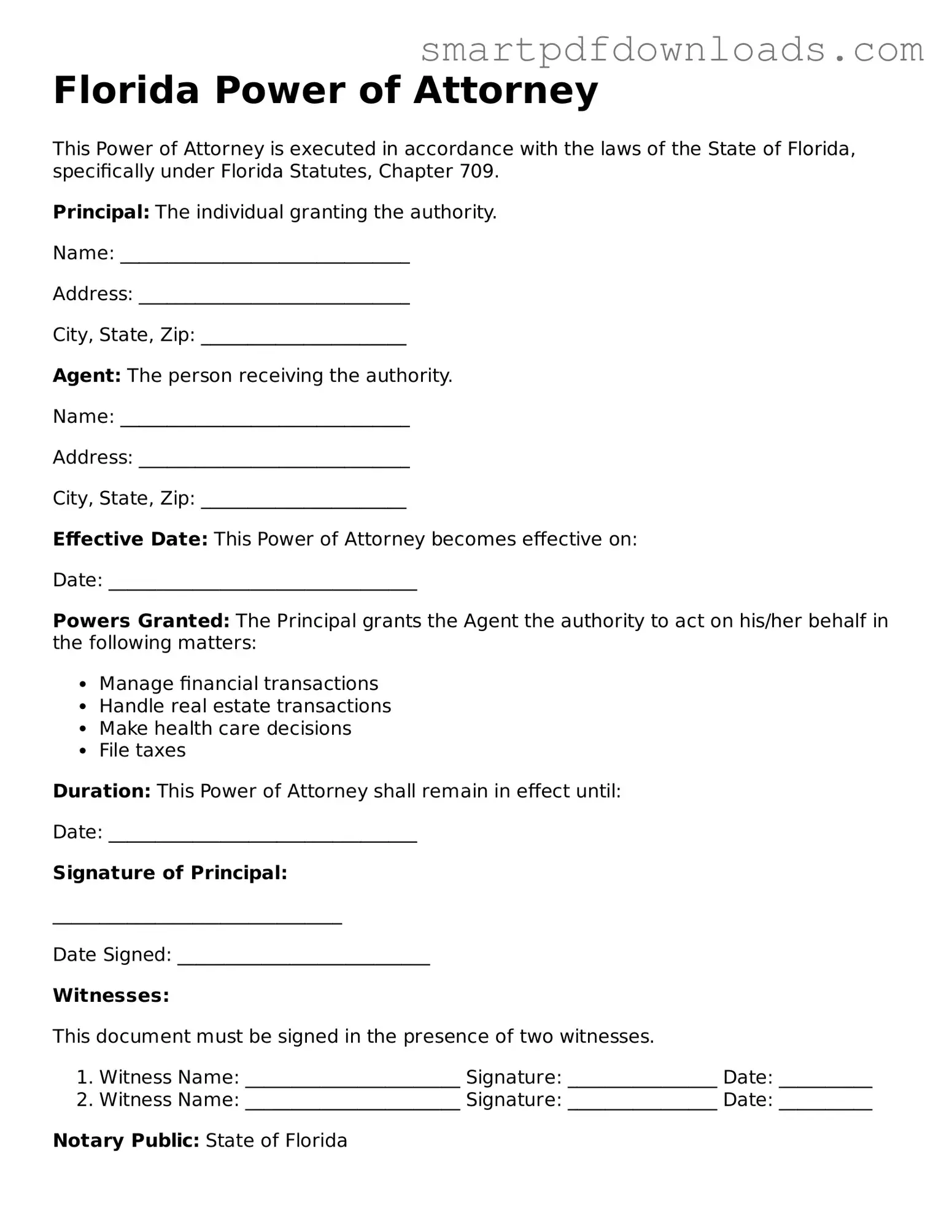 Legal Power of Attorney Form for the State of Florida