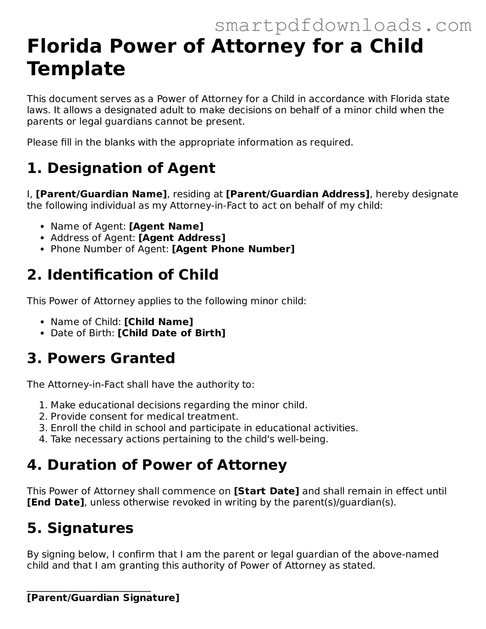 Legal Power of Attorney for a Child Form for the State of Florida