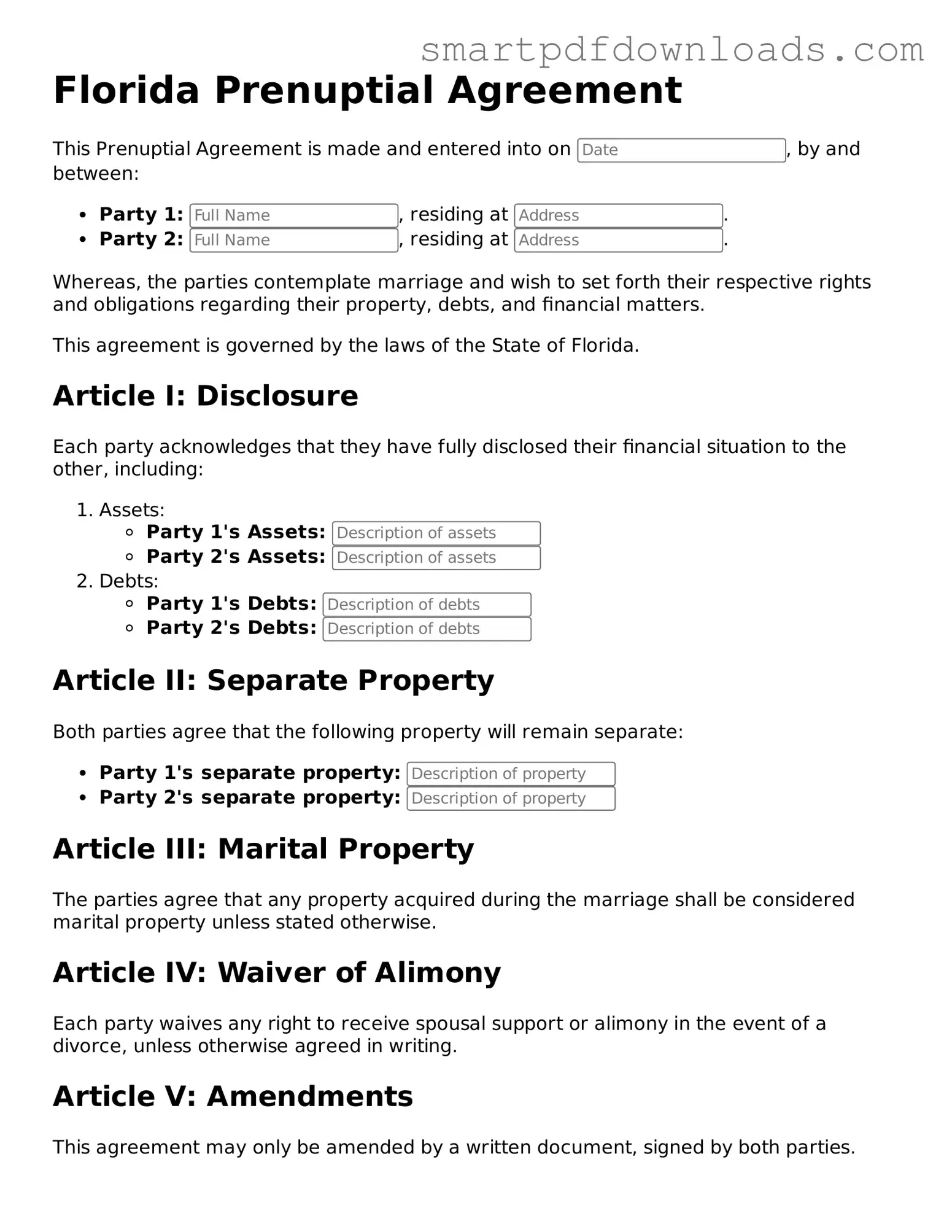 Legal Prenuptial Agreement Form for the State of Florida