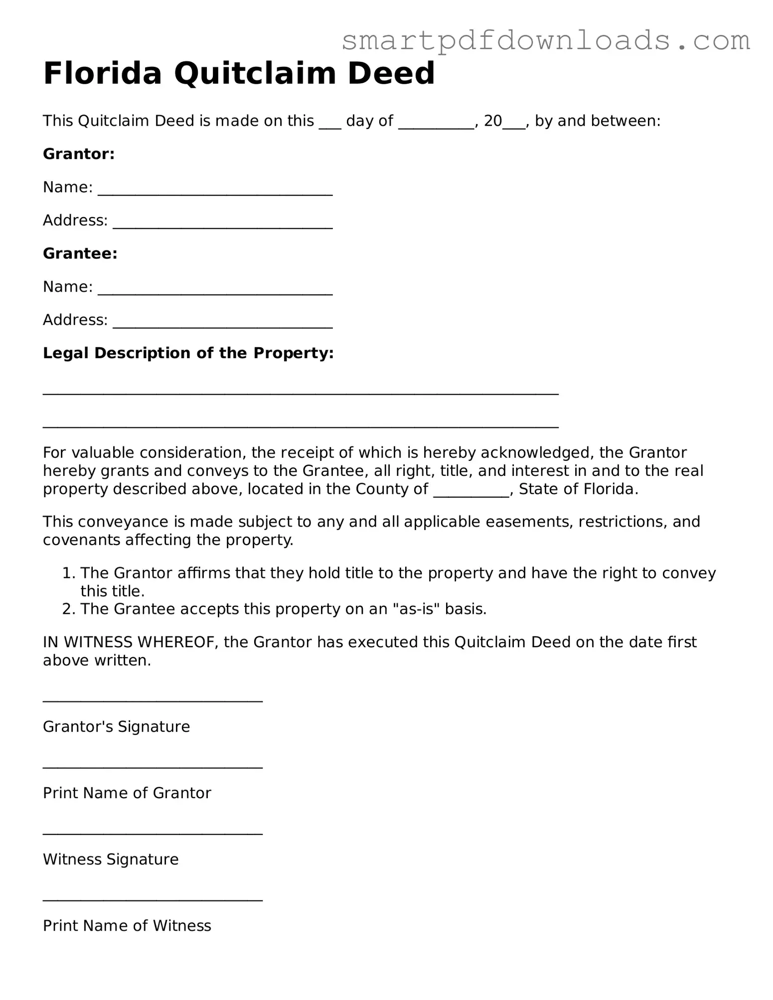 Legal Quitclaim Deed Form for the State of Florida