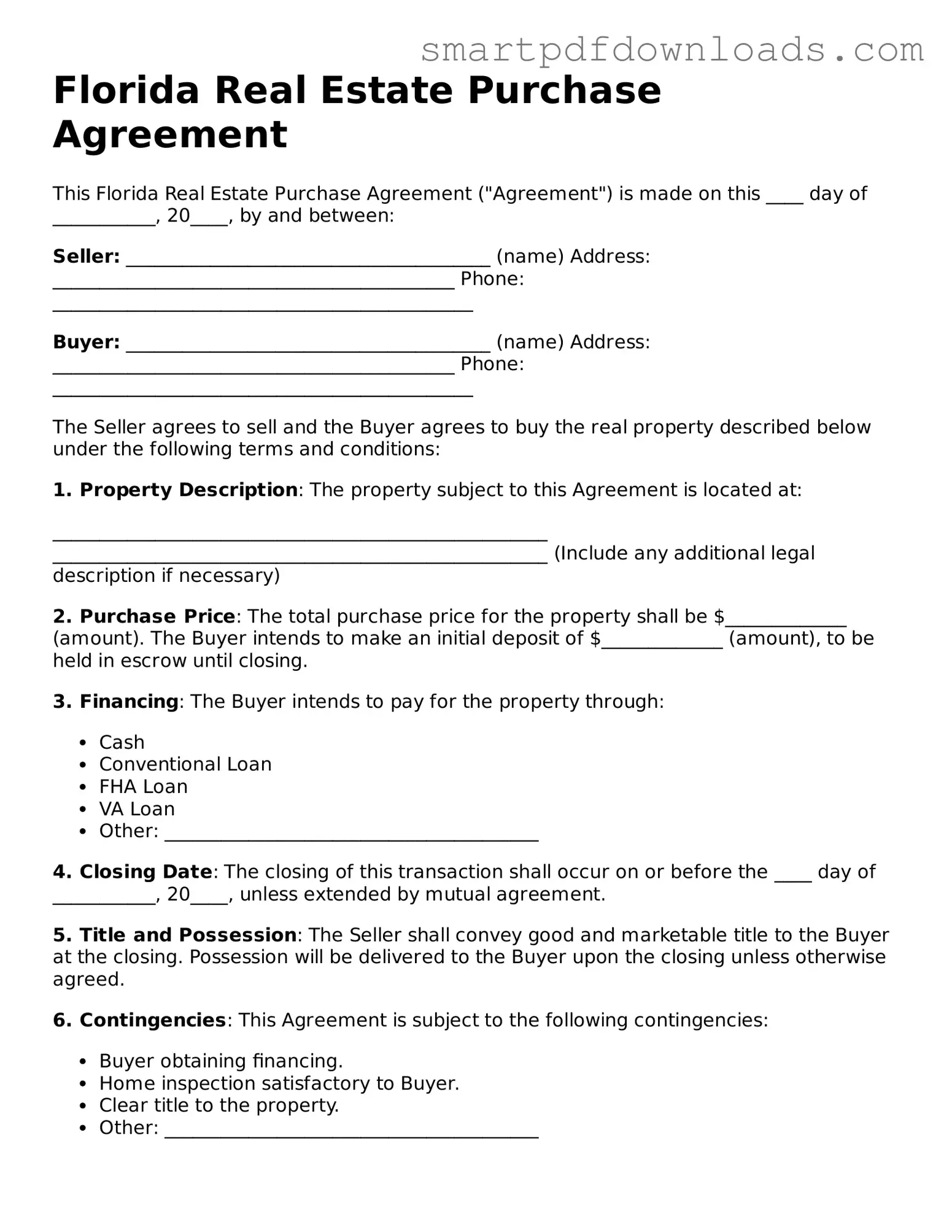 Legal Real Estate Purchase Agreement Form for the State of Florida