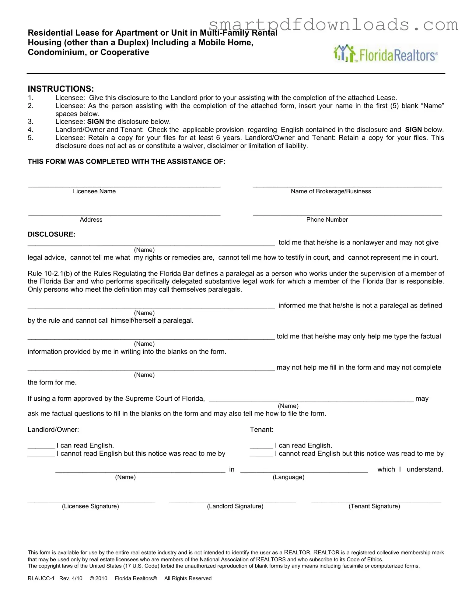 Florida Realtors Residential Lease Form