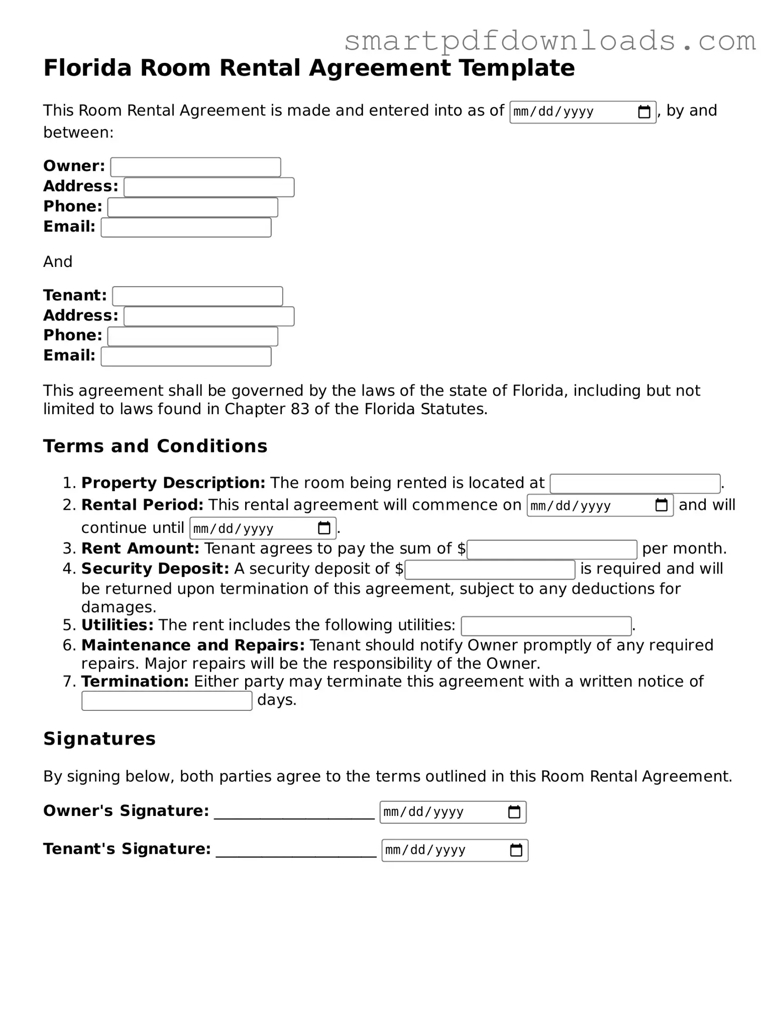 Legal Room Rental Agreement Form for the State of Florida