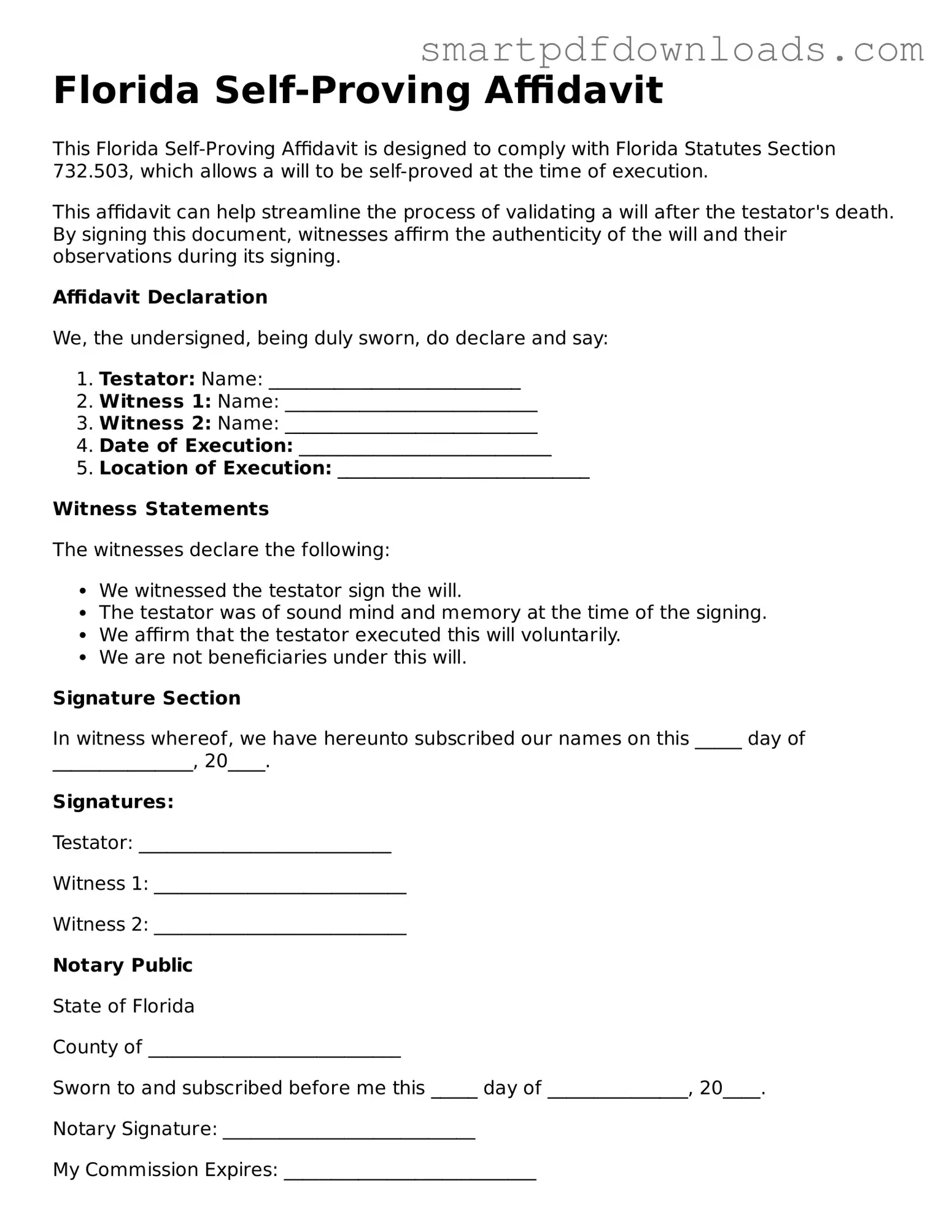 Legal Self-Proving Affidavit Form for the State of Florida