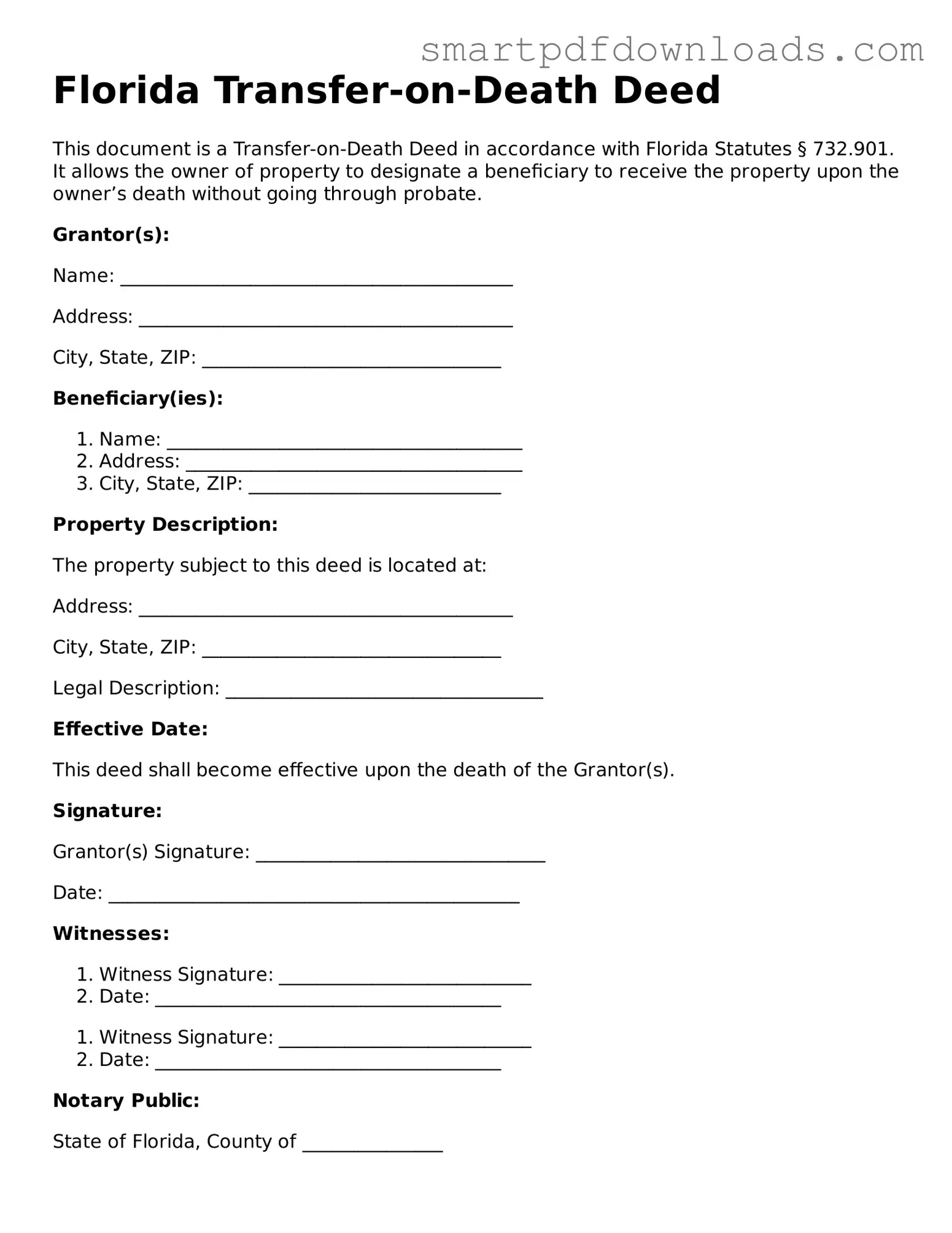 Legal Transfer-on-Death Deed Form for the State of Florida