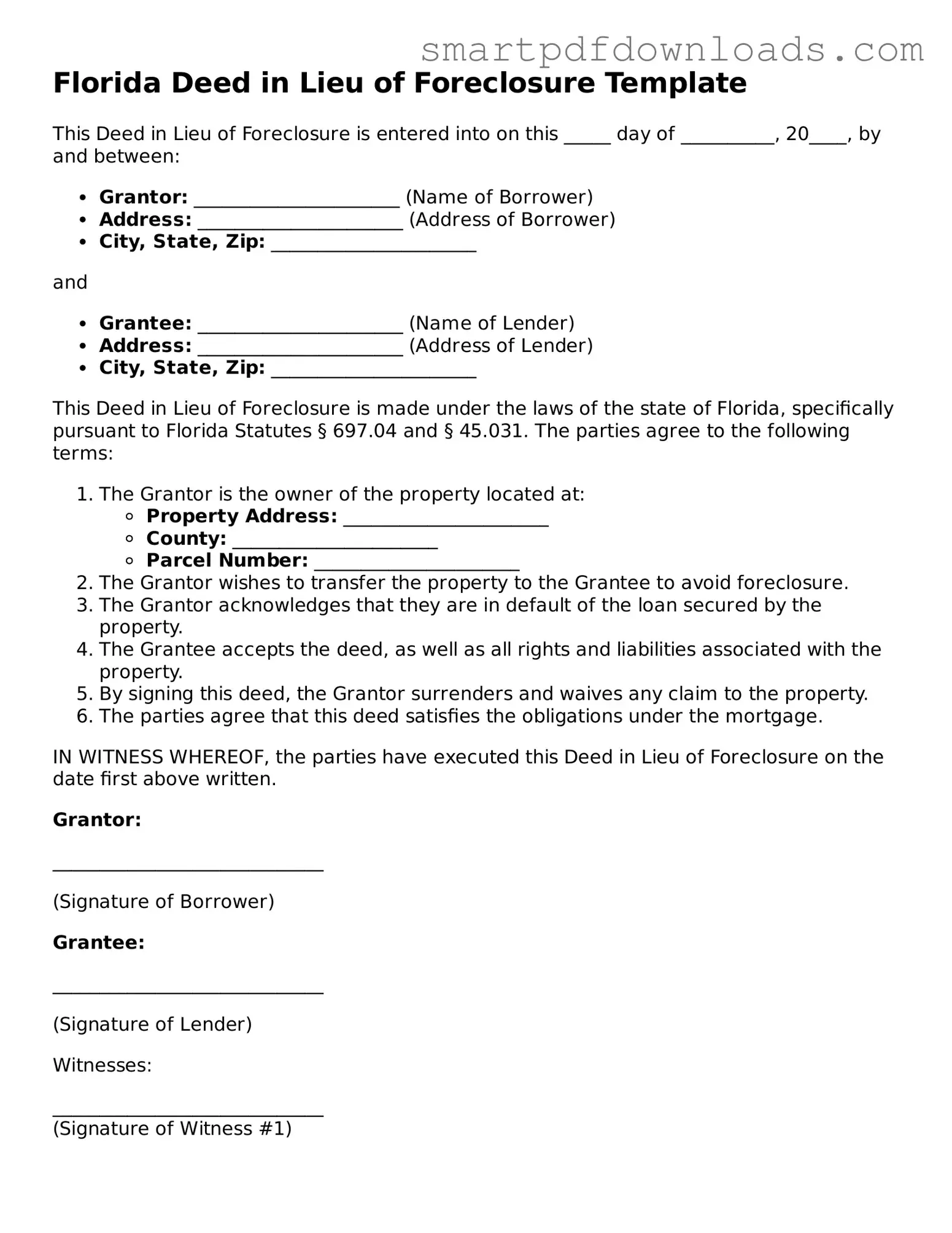 Legal Deed in Lieu of Foreclosure Form for the State of Florida
