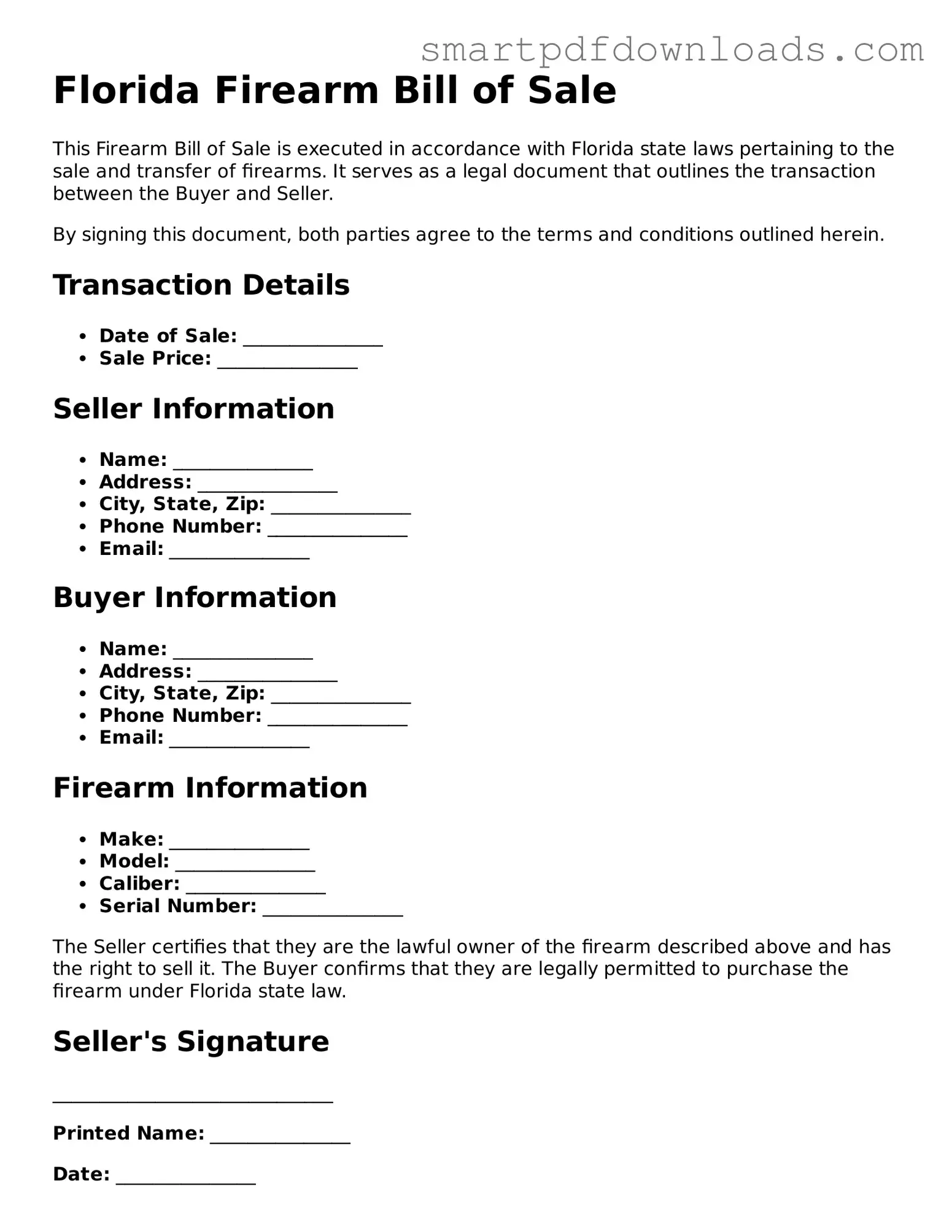 Legal Firearm Bill of Sale Form for the State of Florida