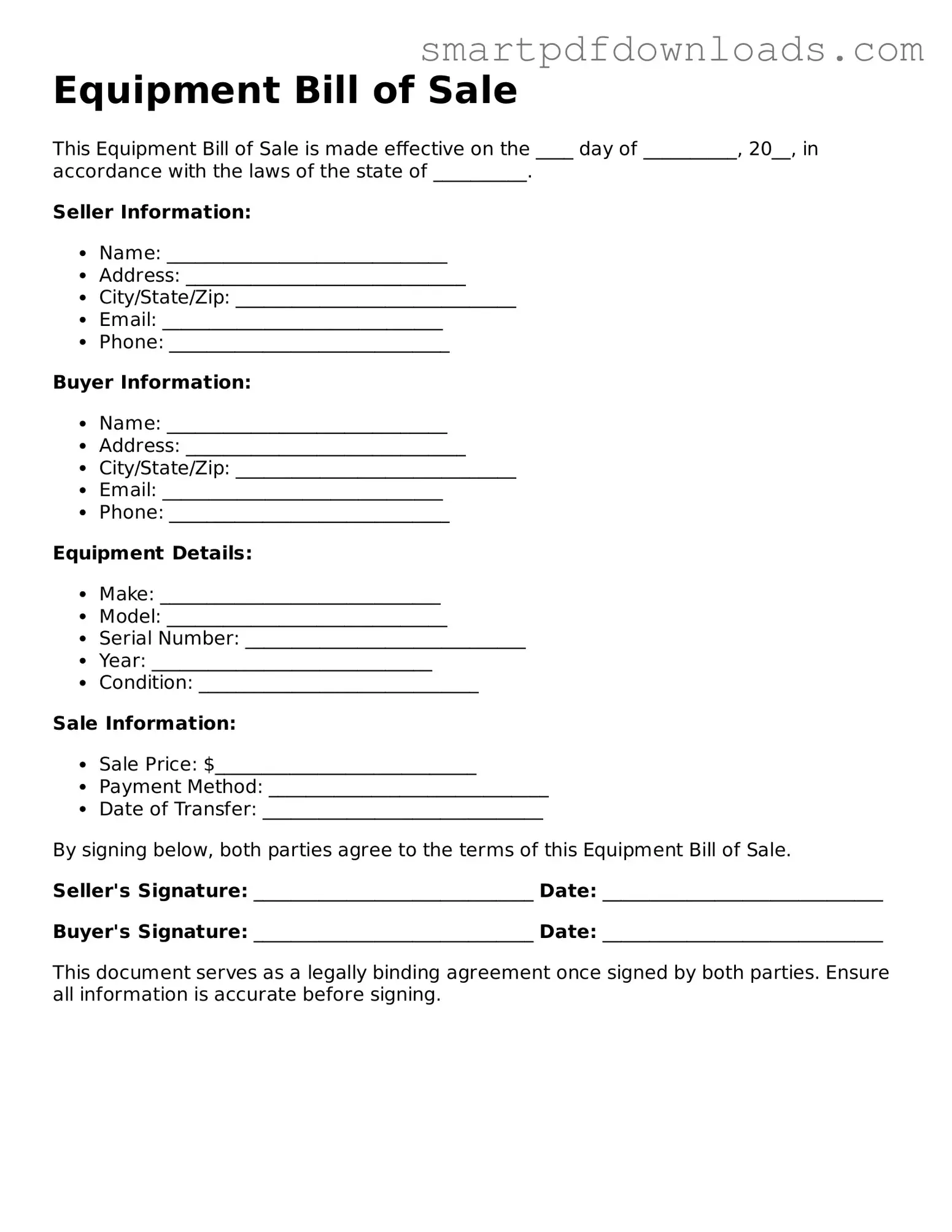 Free Equipment Bill of Sale Form
