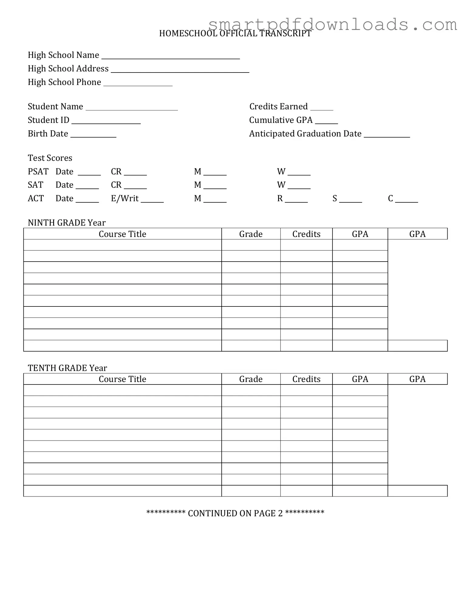 High School Transcript Form