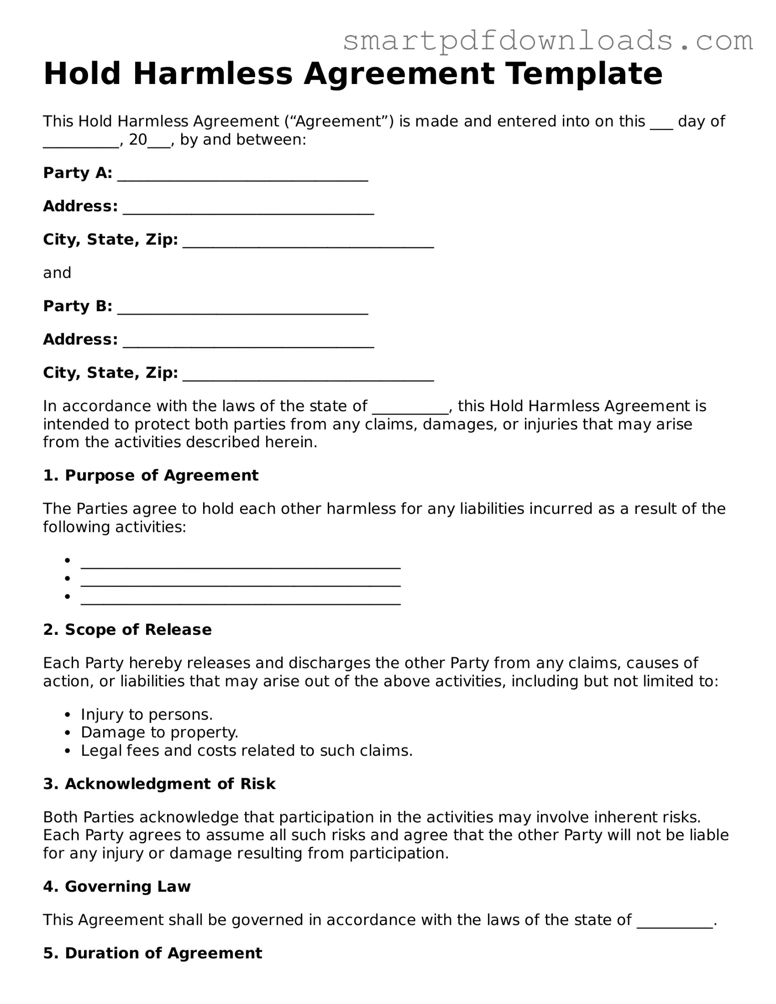 Free Hold Harmless Agreement Form