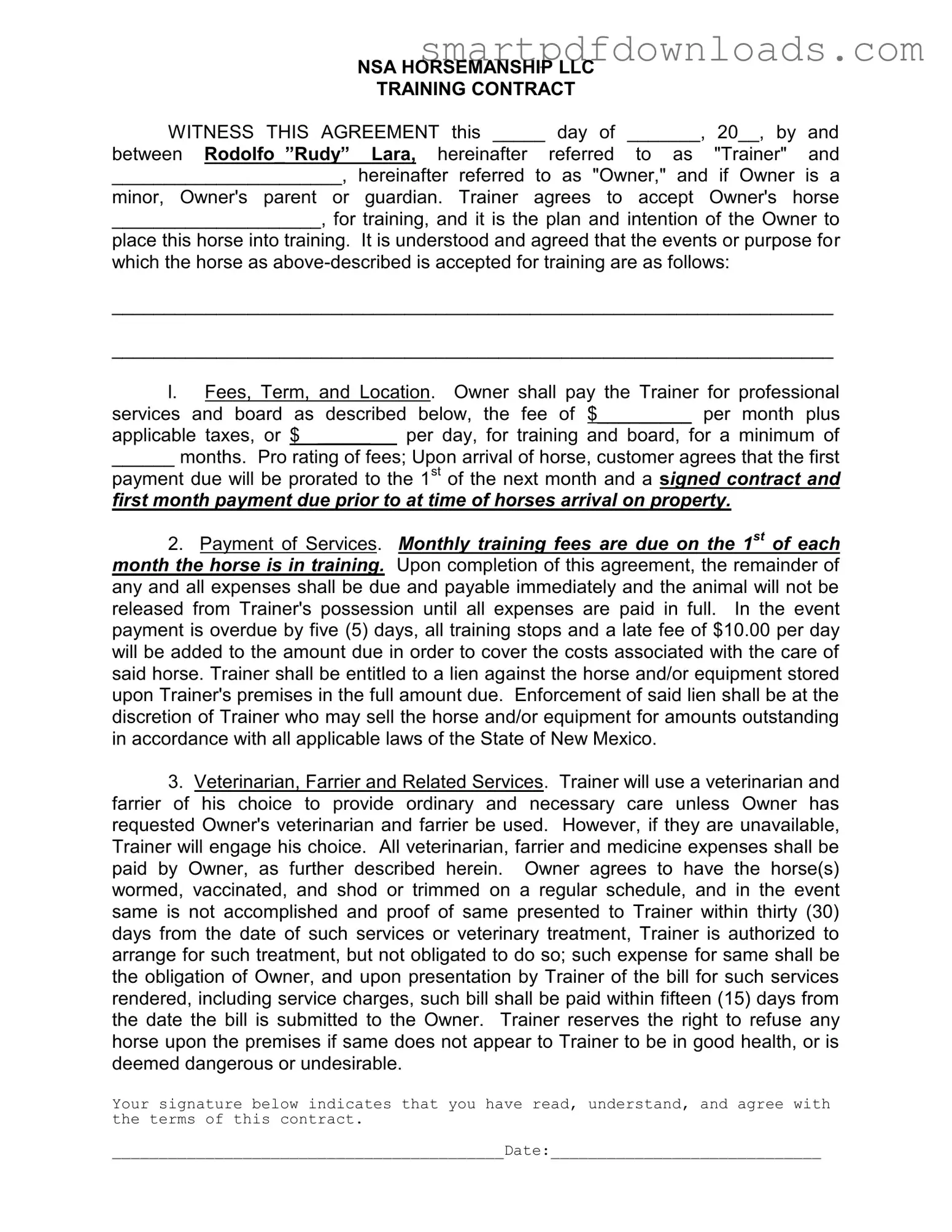 Horse Training Contract Form