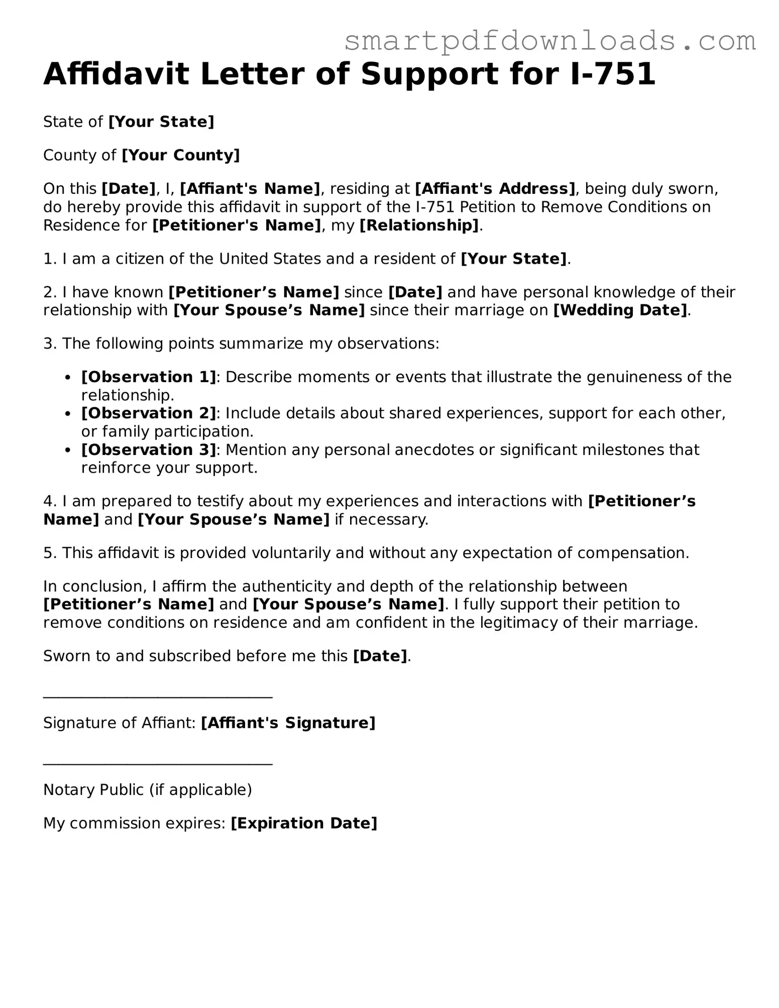 Free Affidavit Letter of Support for I-751 Form