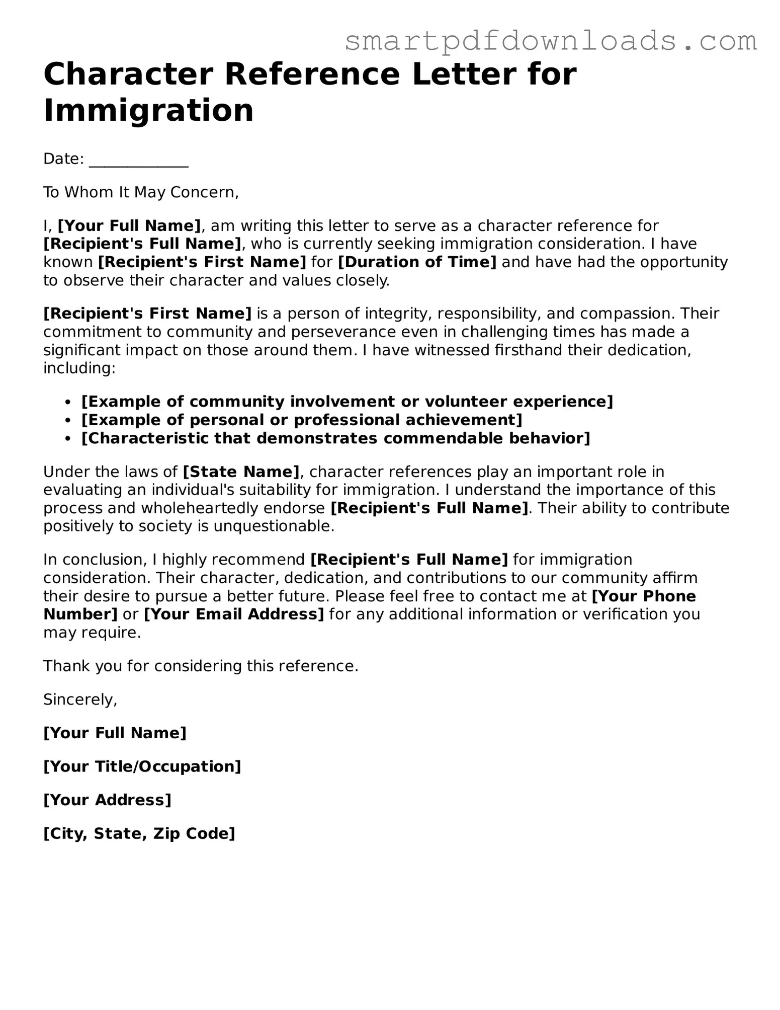 Free Character Reference Letter for Immigration Form