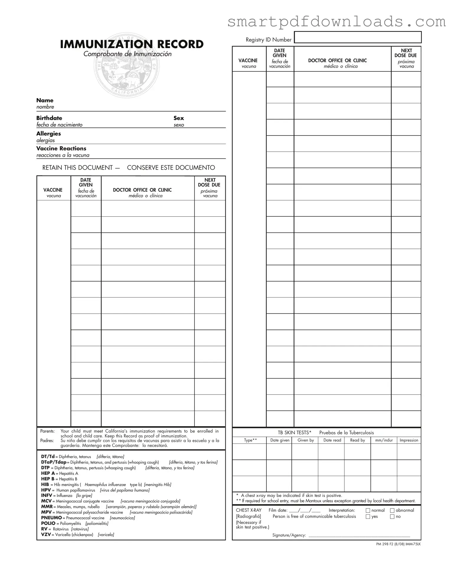 Immunization Record Form