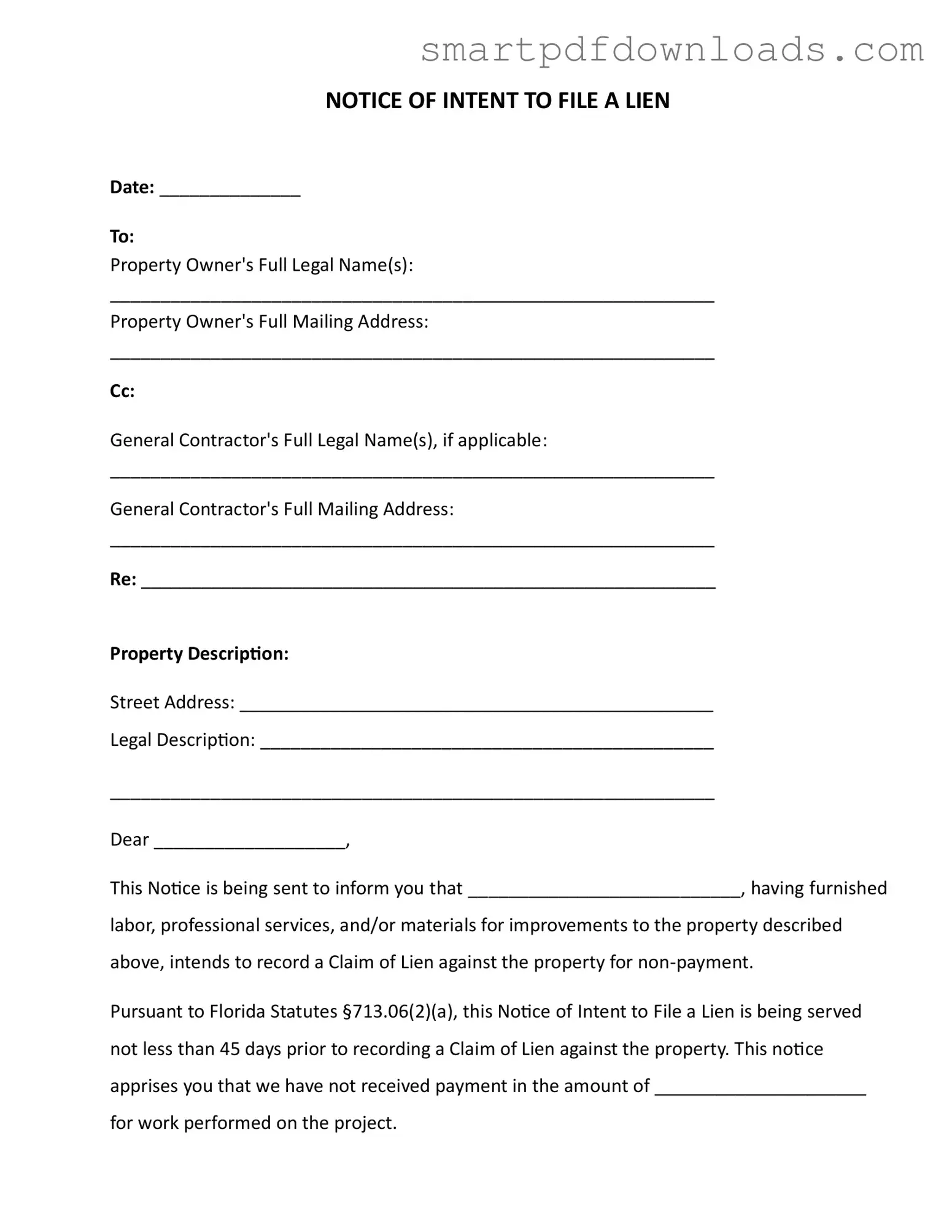 Intent To Lien Florida Form