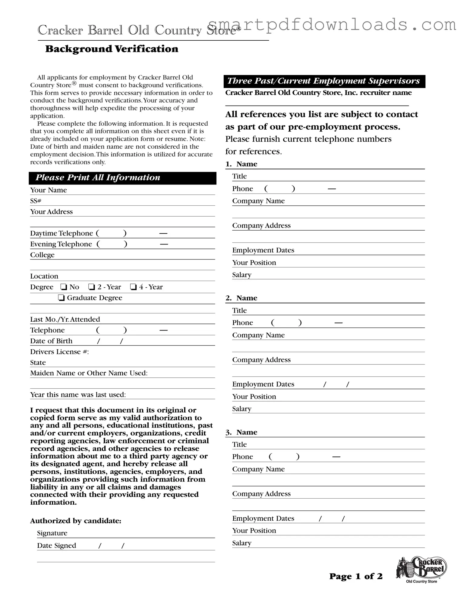 Cracker Barrel Background Check Form