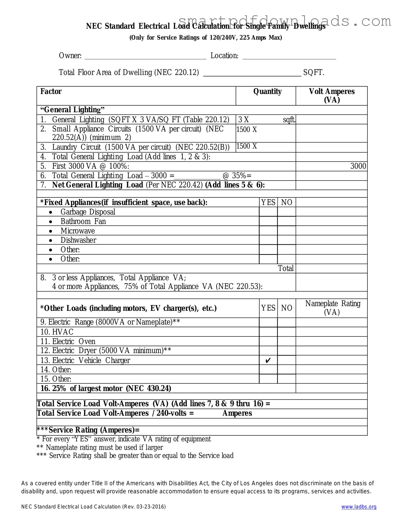 LADBS NEC Standard Electrical Load Calculation Form