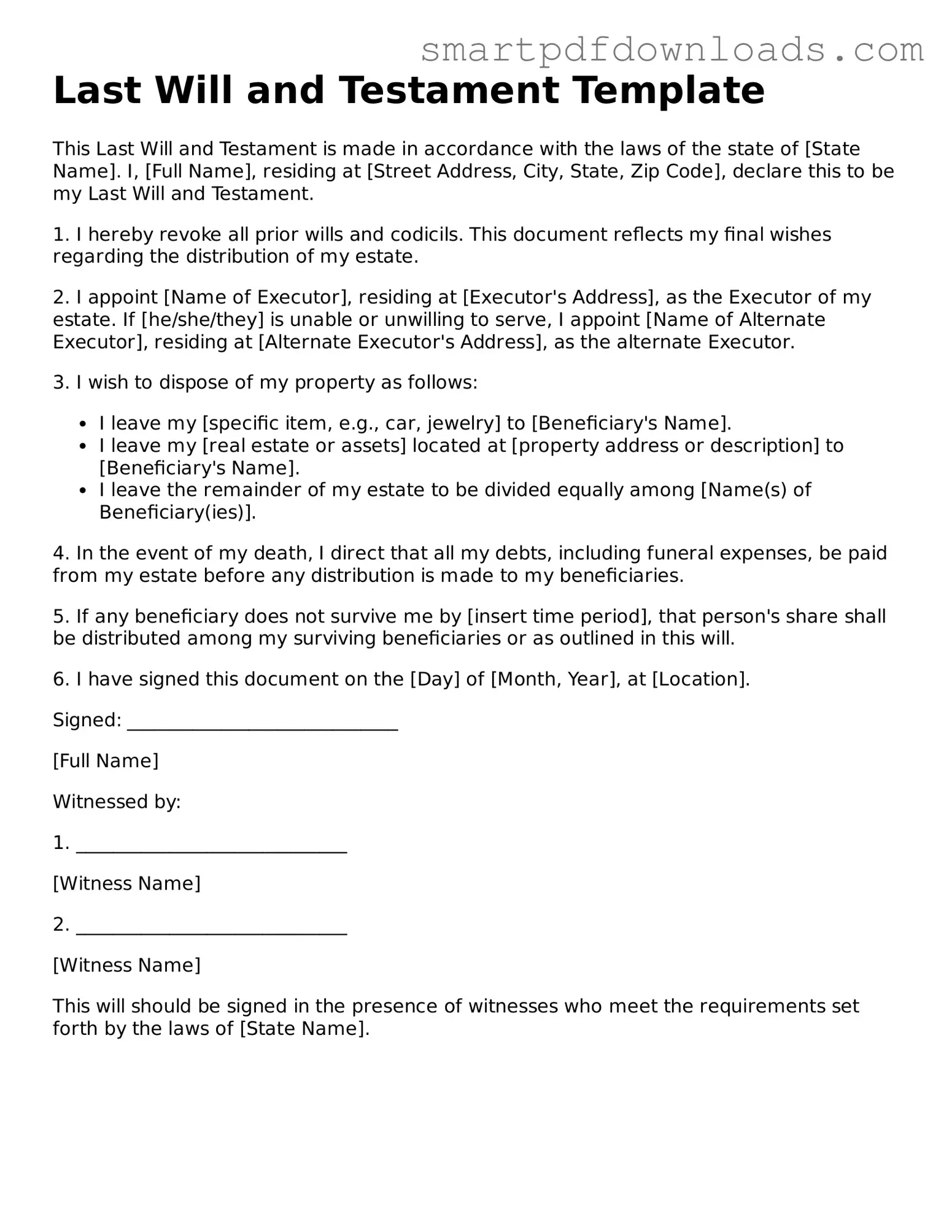 Free Last Will and Testament Form
