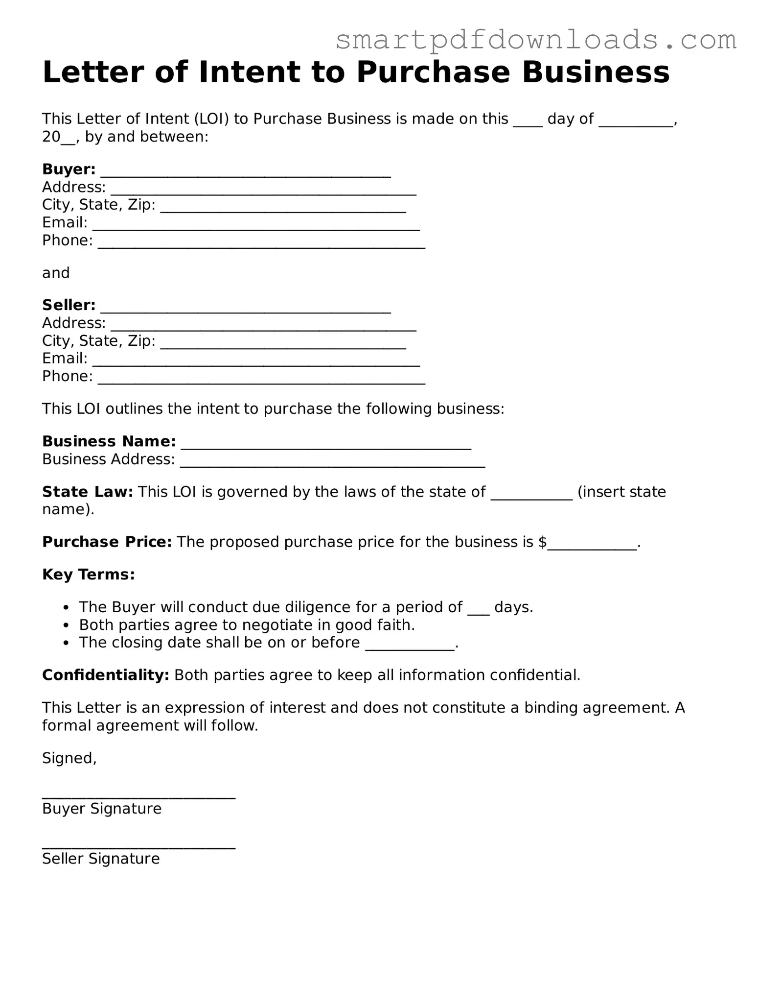 Free Letter of Intent to Purchase Business Form