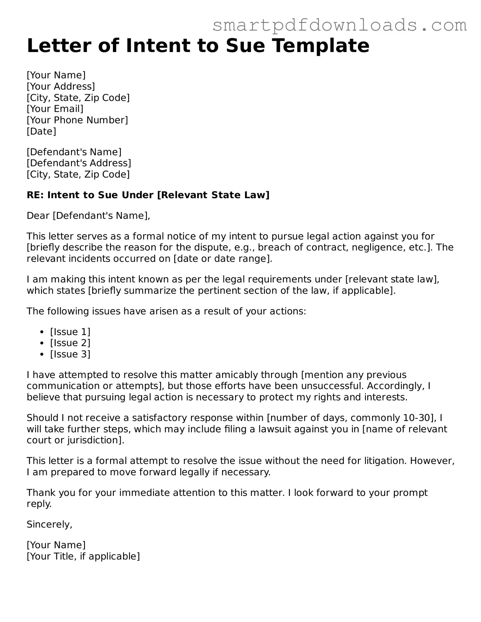 Free Letter of Intent to Sue Form