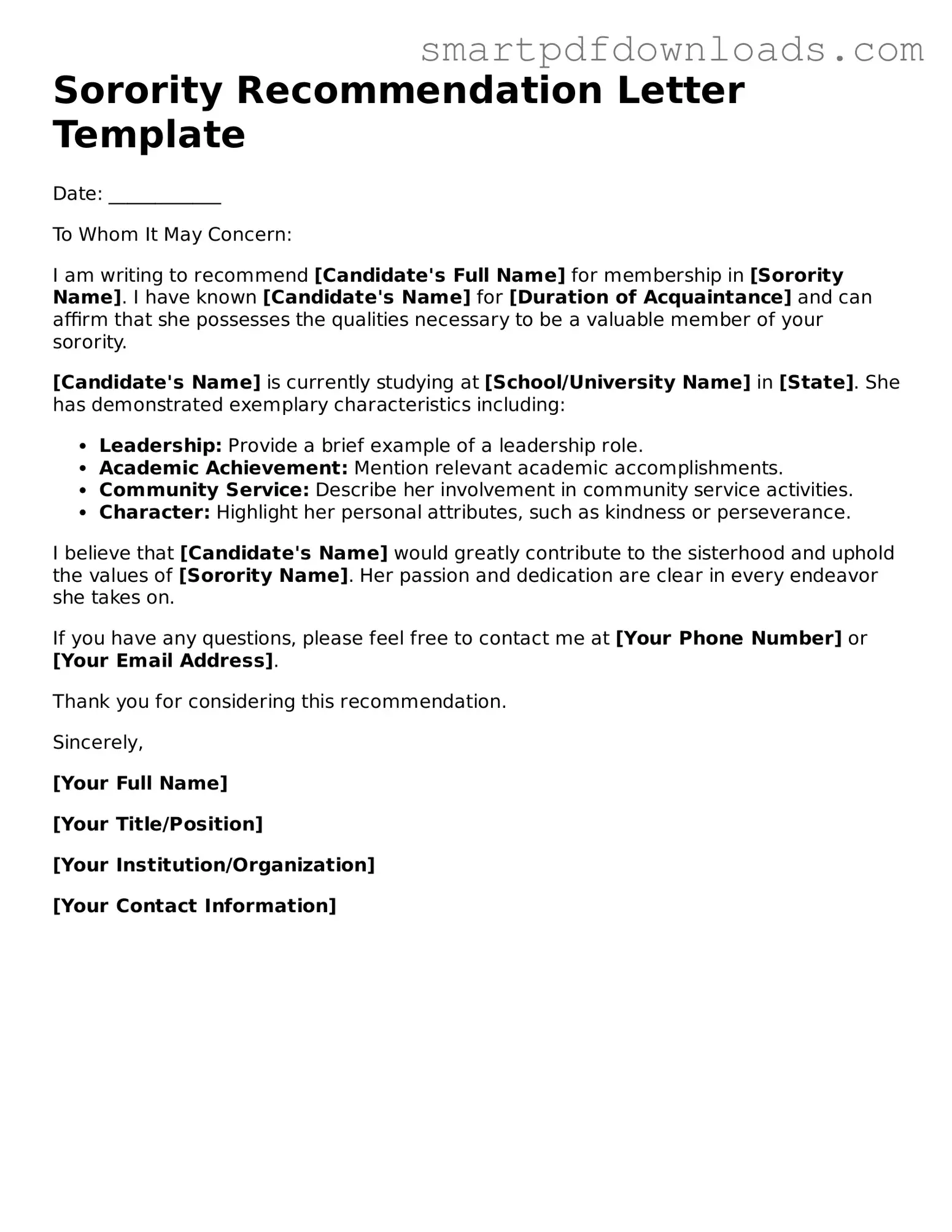 Free Sorority Recommendation Letter Form