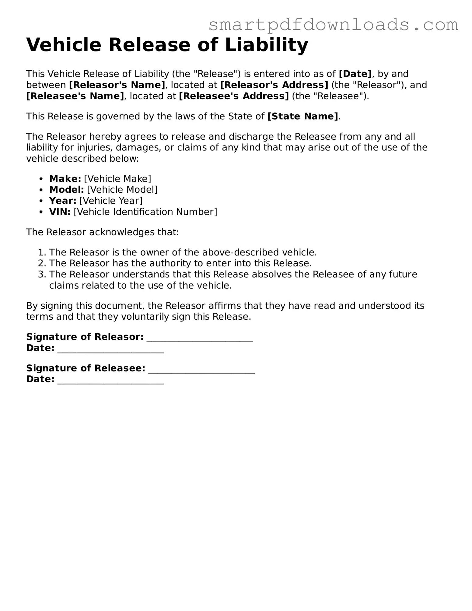 Free Vehicle Release of Liability Form