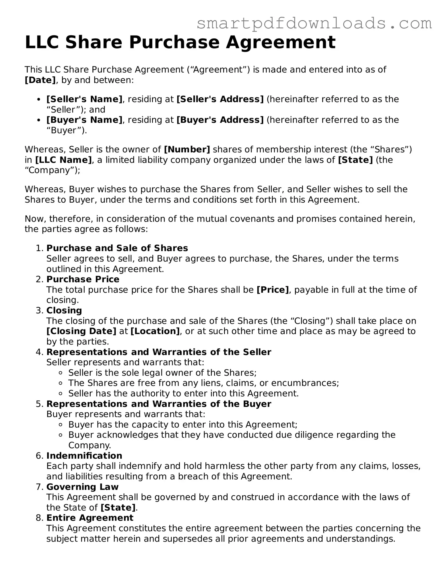 Free LLC Share Purchase Agreement Form