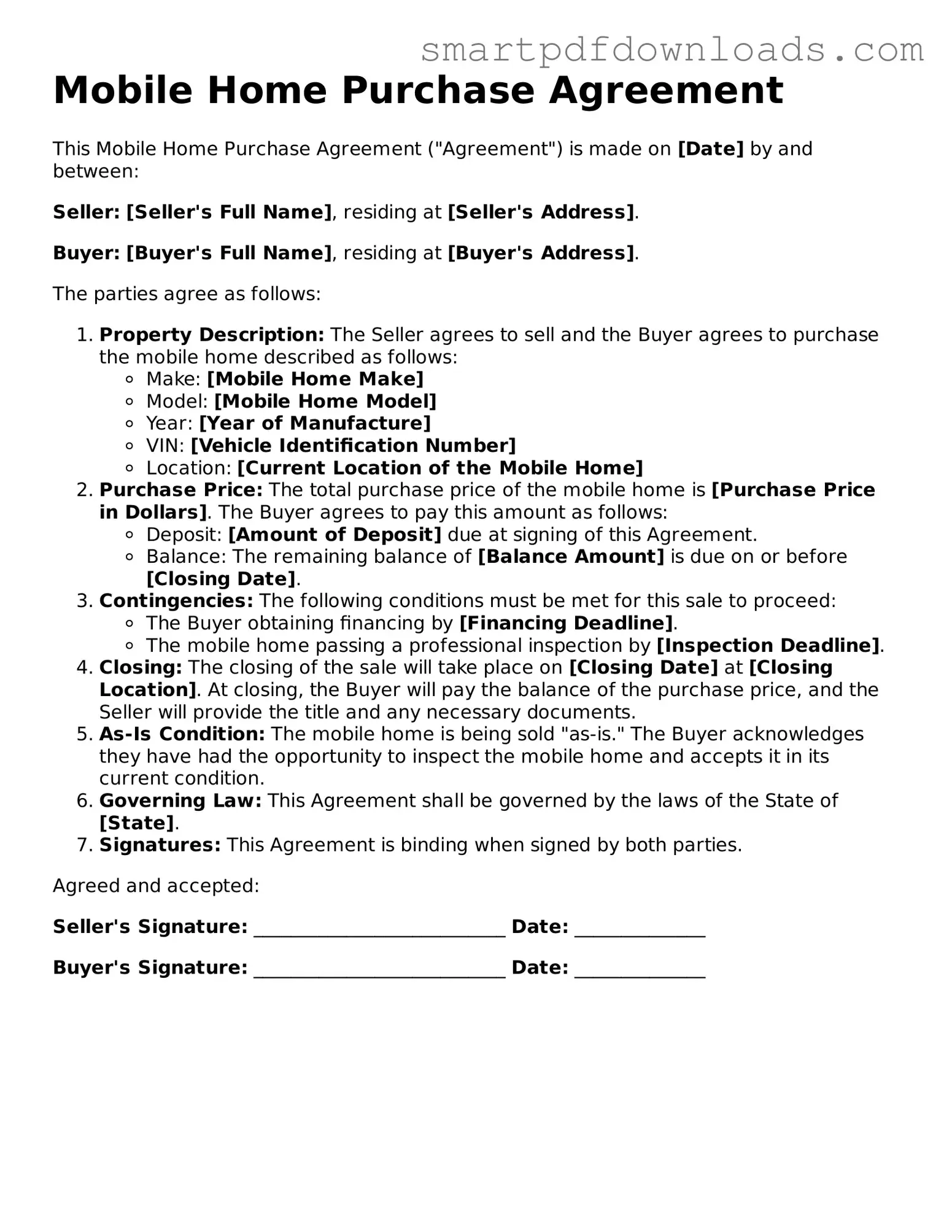 Free Mobile Home Purchase Agreement Form